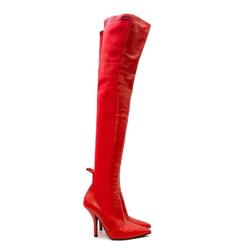  Fendi Rockoko Red Leather  Thigh High Heeled Sock Boot

- Iconic red leather thigh boot from AW17
- Red smooth leather front and ribbed knit tonal side and back panels
- Varsity sock style black banding at the top 
- Over-the-knee design
- Pointed