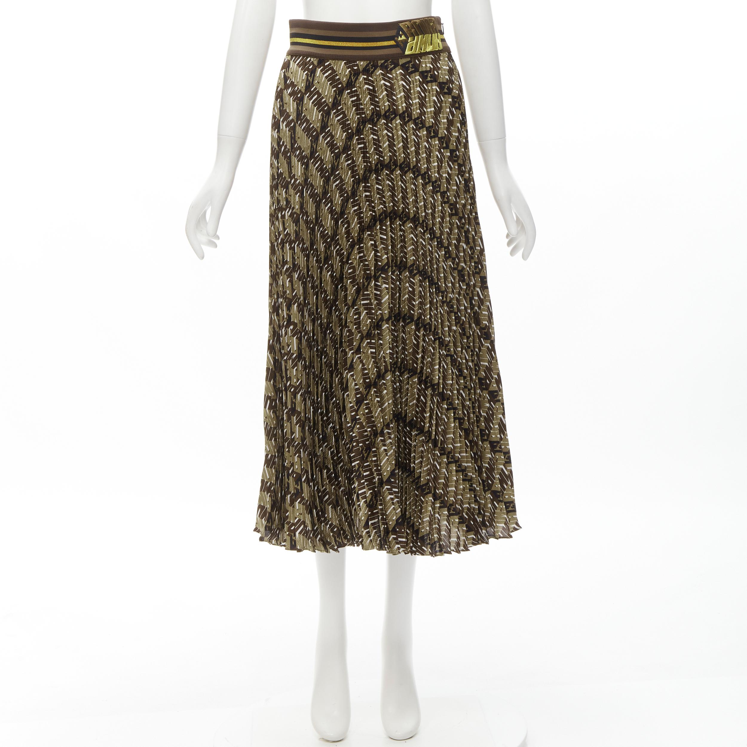 FENDI Roma Amor brown gold graphic print pleated plisse silk skirt IT42 M For Sale 4