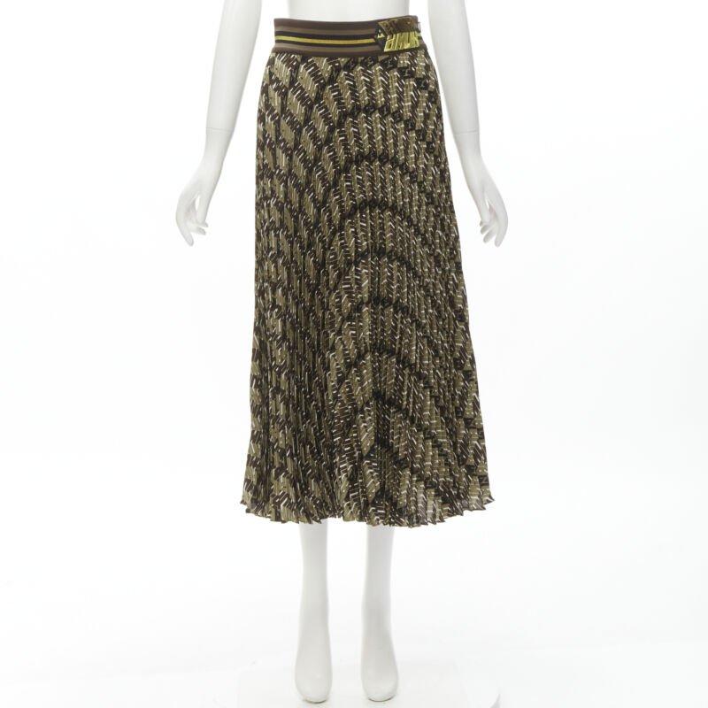 FENDI Roma Amor brown gold graphic print pleated plisse silk skirt IT42 M For Sale 5