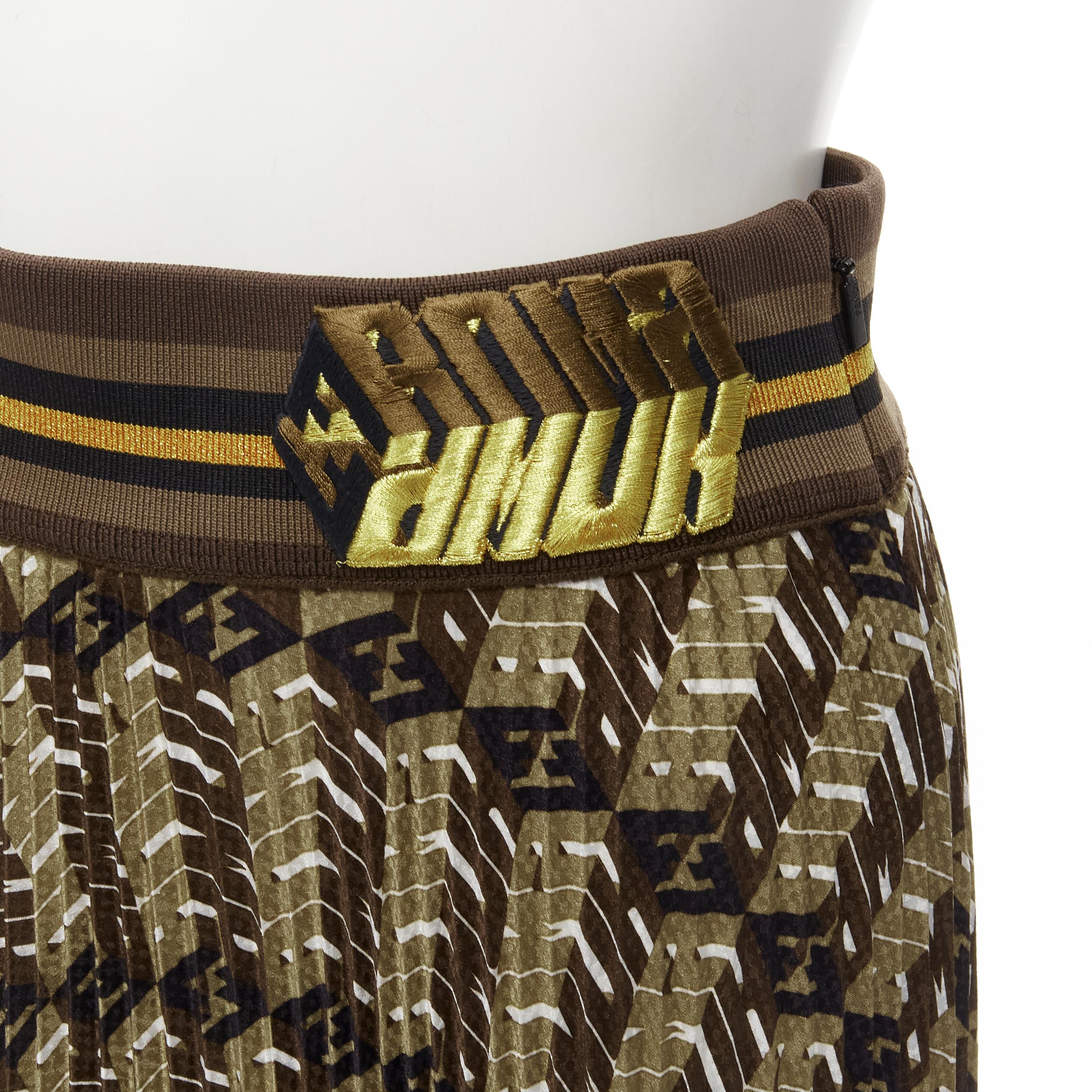 FENDI Roma Amor brown gold graphic print pleated plisse silk skirt IT42 M
Brand: Fendi
Collection: Roma Amor 
Material: Silk
Color: Brown
Pattern: Graphic
Closure: Zip
Extra Detail: Striped web elasticated waist band with gold graphic embroidery.