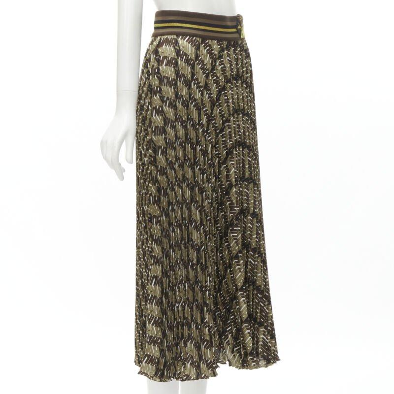 Black FENDI Roma Amor brown gold graphic print pleated plisse silk skirt IT42 M For Sale