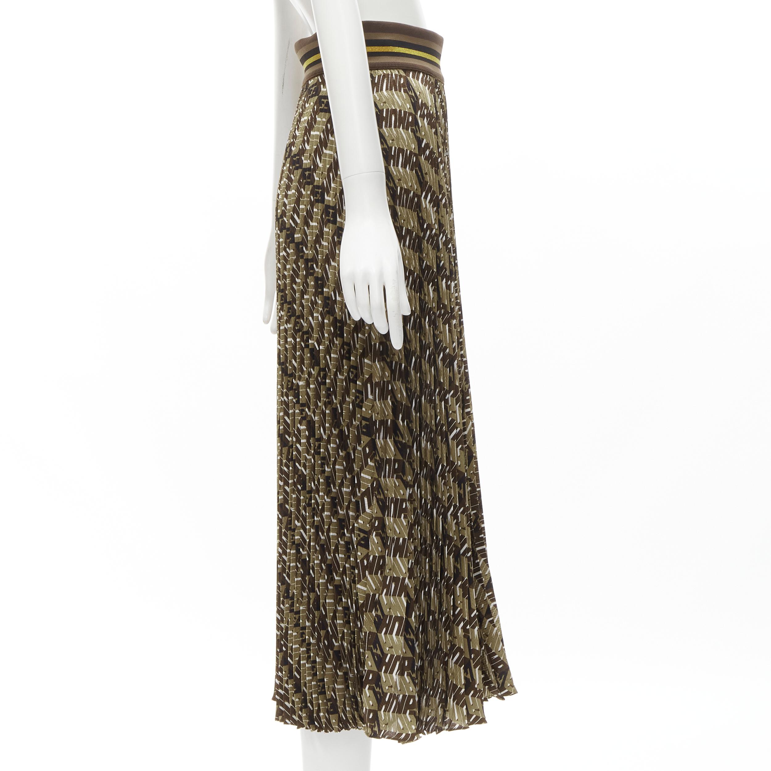 Black FENDI Roma Amor brown gold graphic print pleated plisse silk skirt IT42 M For Sale