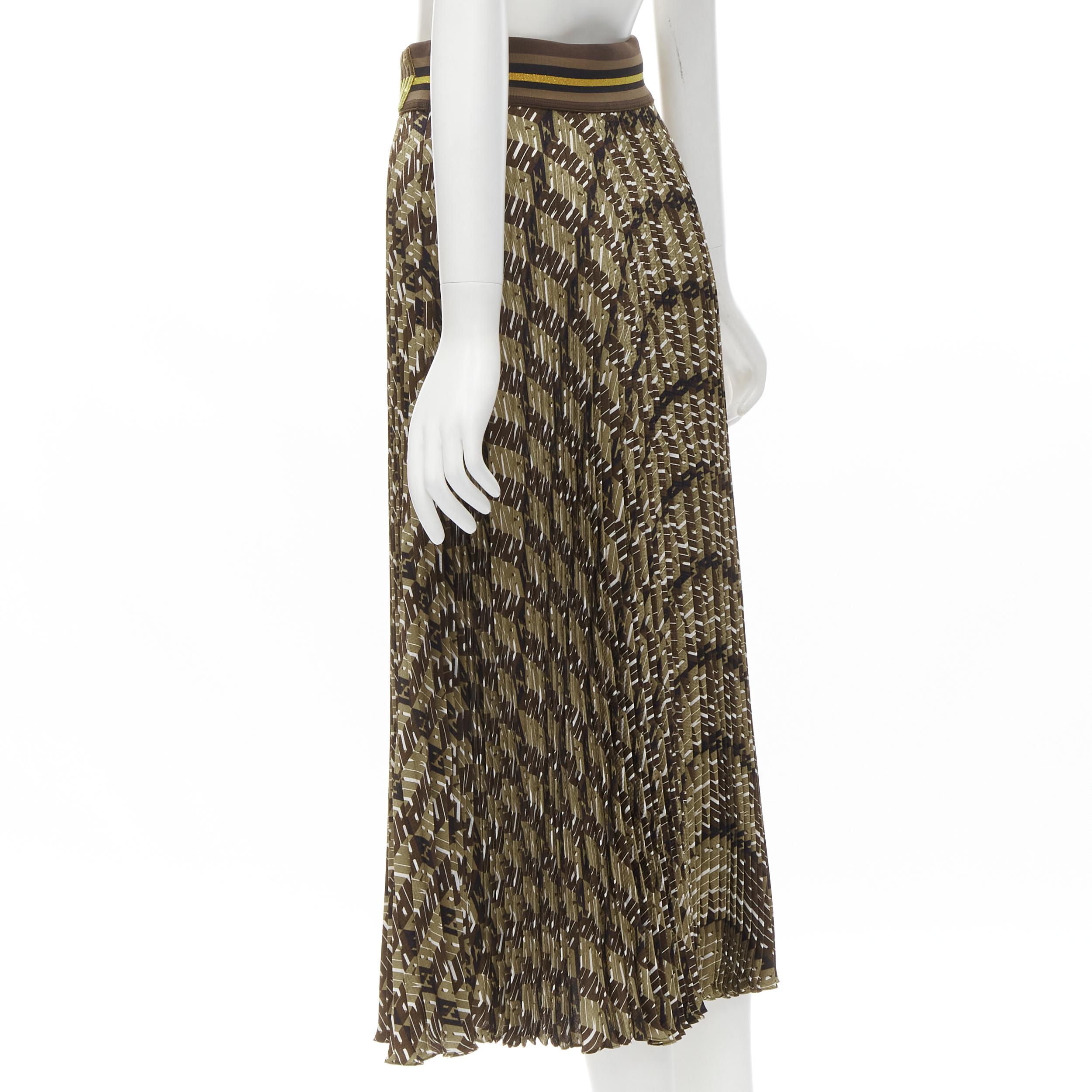 Women's FENDI Roma Amor brown gold graphic print pleated plisse silk skirt IT42 M For Sale