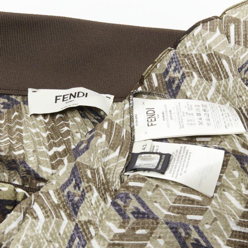 FENDI Roma Amor brown gold graphic print pleated plisse silk skirt IT42 M For Sale 4