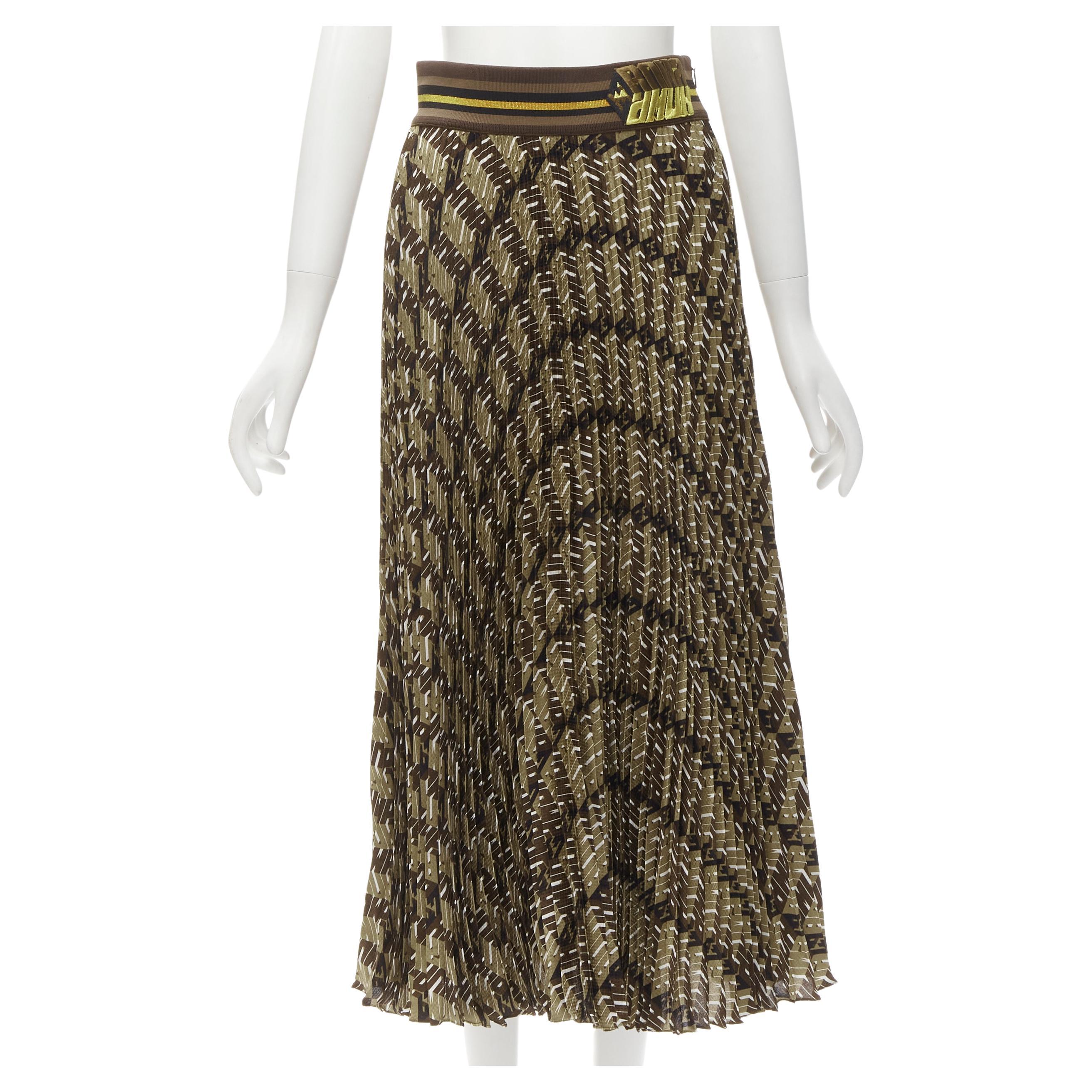 FENDI Roma Amor brown gold graphic print pleated plisse silk skirt IT42 M For Sale