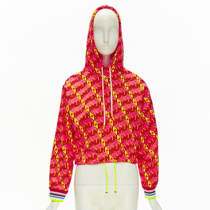 FENDI Roma Amor neon pink yellow FF Zucca monogram cropped hoodie XS In Excellent Condition In Hong Kong, NT