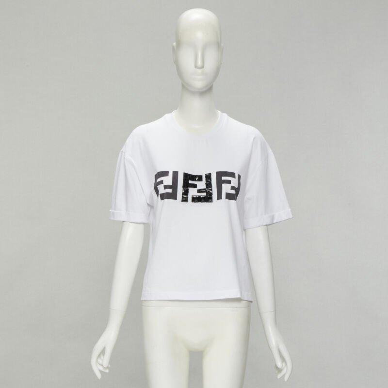 FENDI ROMA black bead embellished FF Zucca logo white tshirt S 5