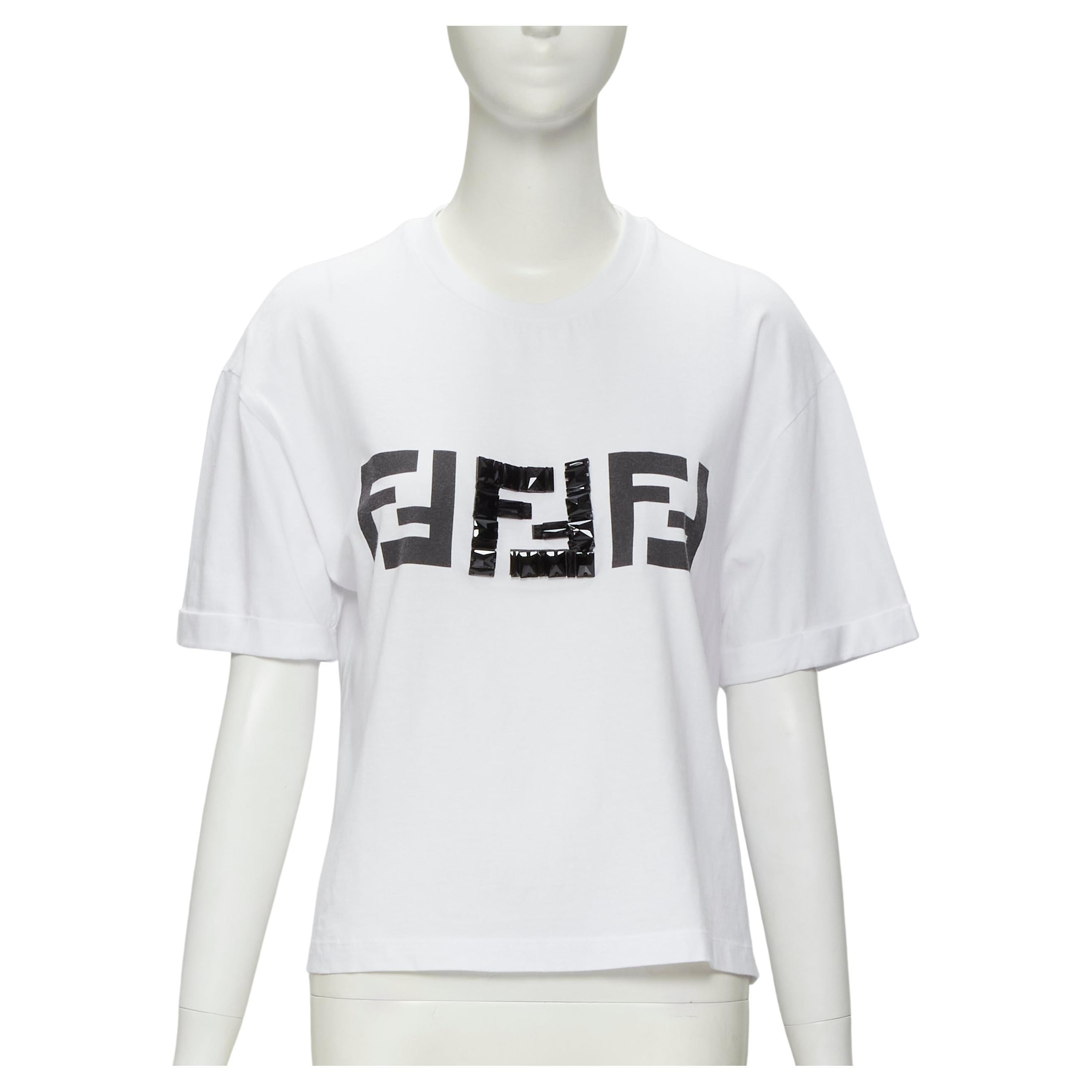FENDI ROMA Schwarzes, perlenbesetztes FF Zucca-Logo-Weißes Tshirt S im Angebot
