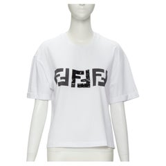 FENDI ROMA Schwarzes, perlenbesetztes FF Zucca-Logo-Weißes Tshirt S