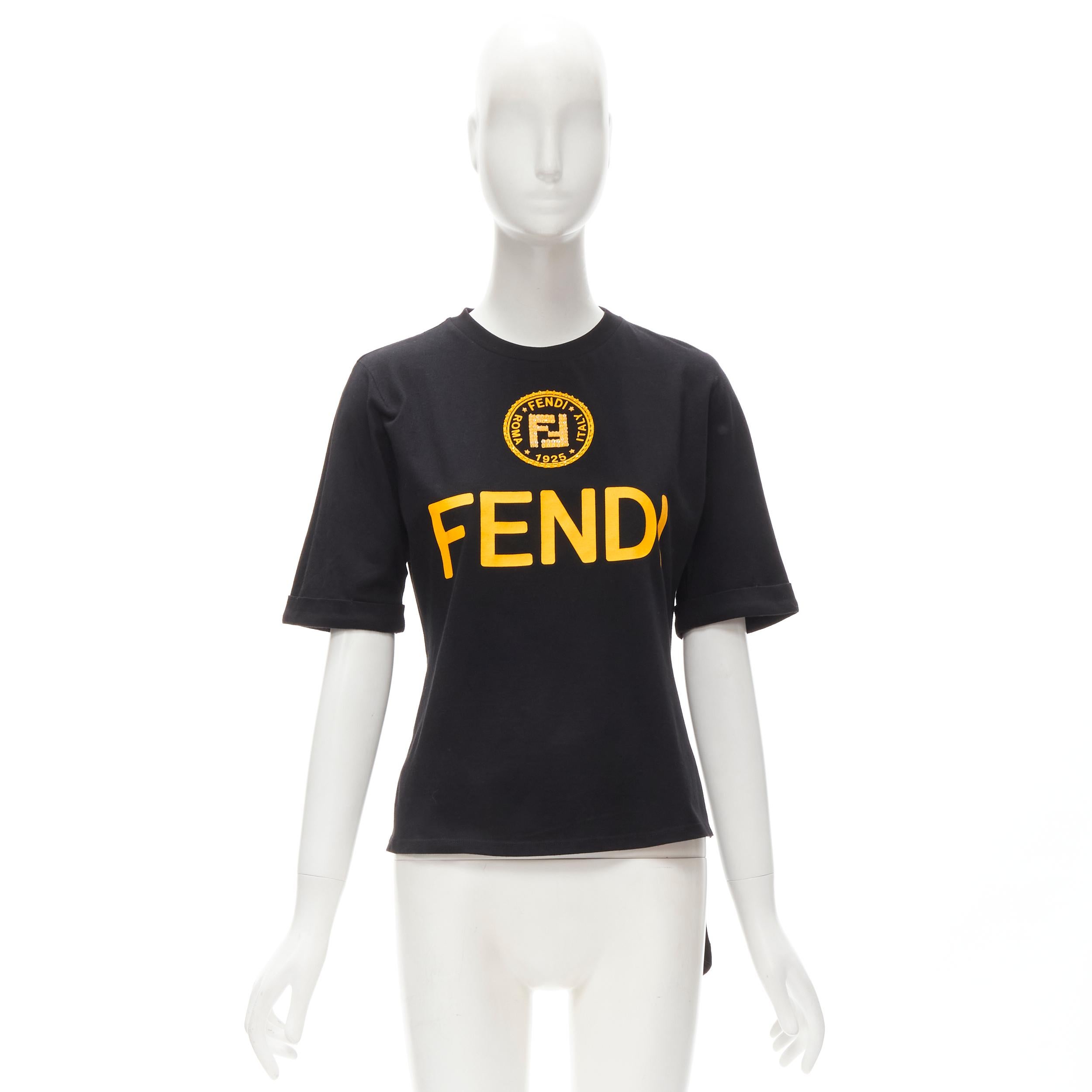 FENDI ROMA FF bead embellished logo black yellow cotton tshirt S 2