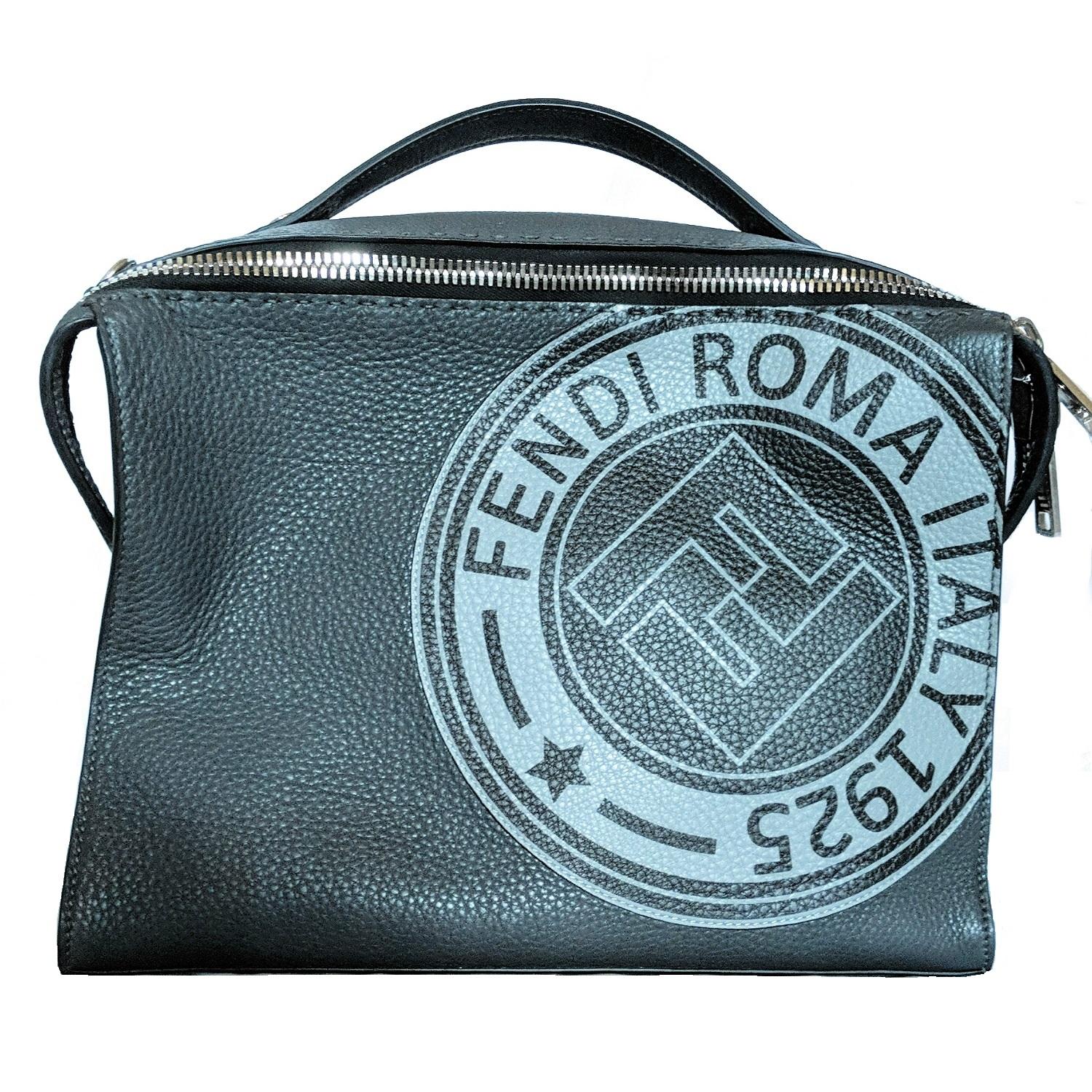 Rectangular-design bag, a detachable and adjustable shoulder strap, black and grey textured calf leather with a cotton-blend logo printed on the front, double zip closure opens to a black fabric interior with a zipper and patch pockets, silver-tone