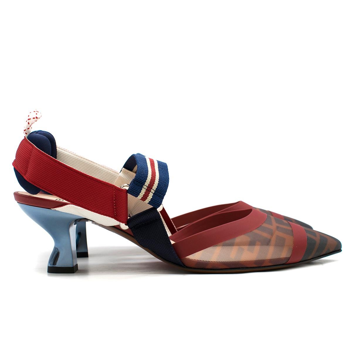 Fendi Roma Multicolour Technical-mesh Colibri Court Shoes

-Multicolored, tech-mesh fabric
-Pointed-toe
-FF finish on tech-mesh fabric
-Heeled sandal
-Slingback
-Elastic straps around the foot
-Sole finished with rubber inserts.  
-Contrasting heat