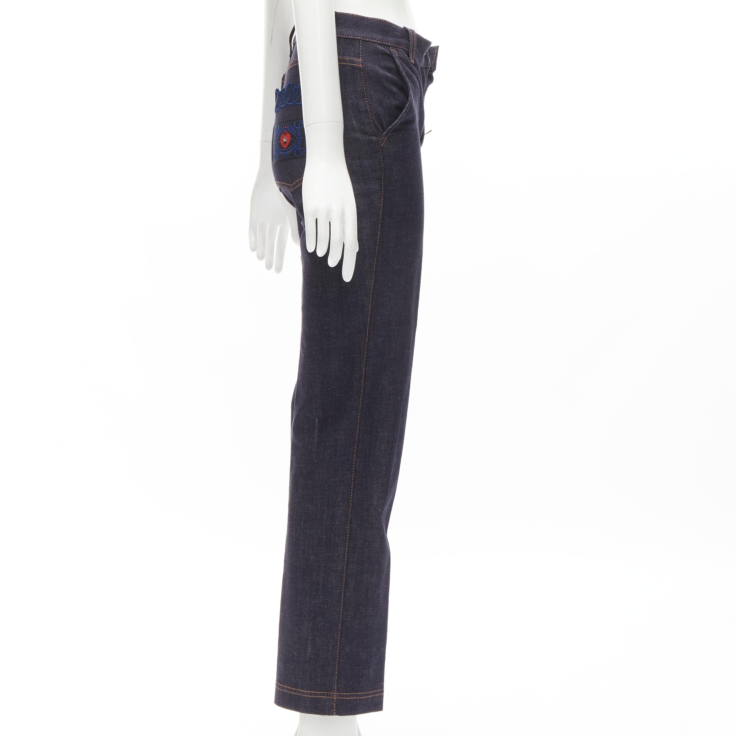 FENDI ROMA Open Your Heart scribble embroidery indigo blue jeans In Excellent Condition For Sale In Hong Kong, NT