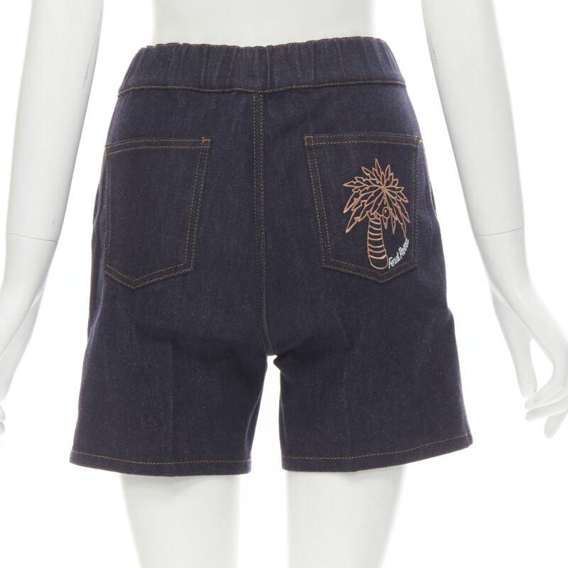 Black FENDI ROMA palm tree embroidered pocket dark blue denim shorts S For Sale