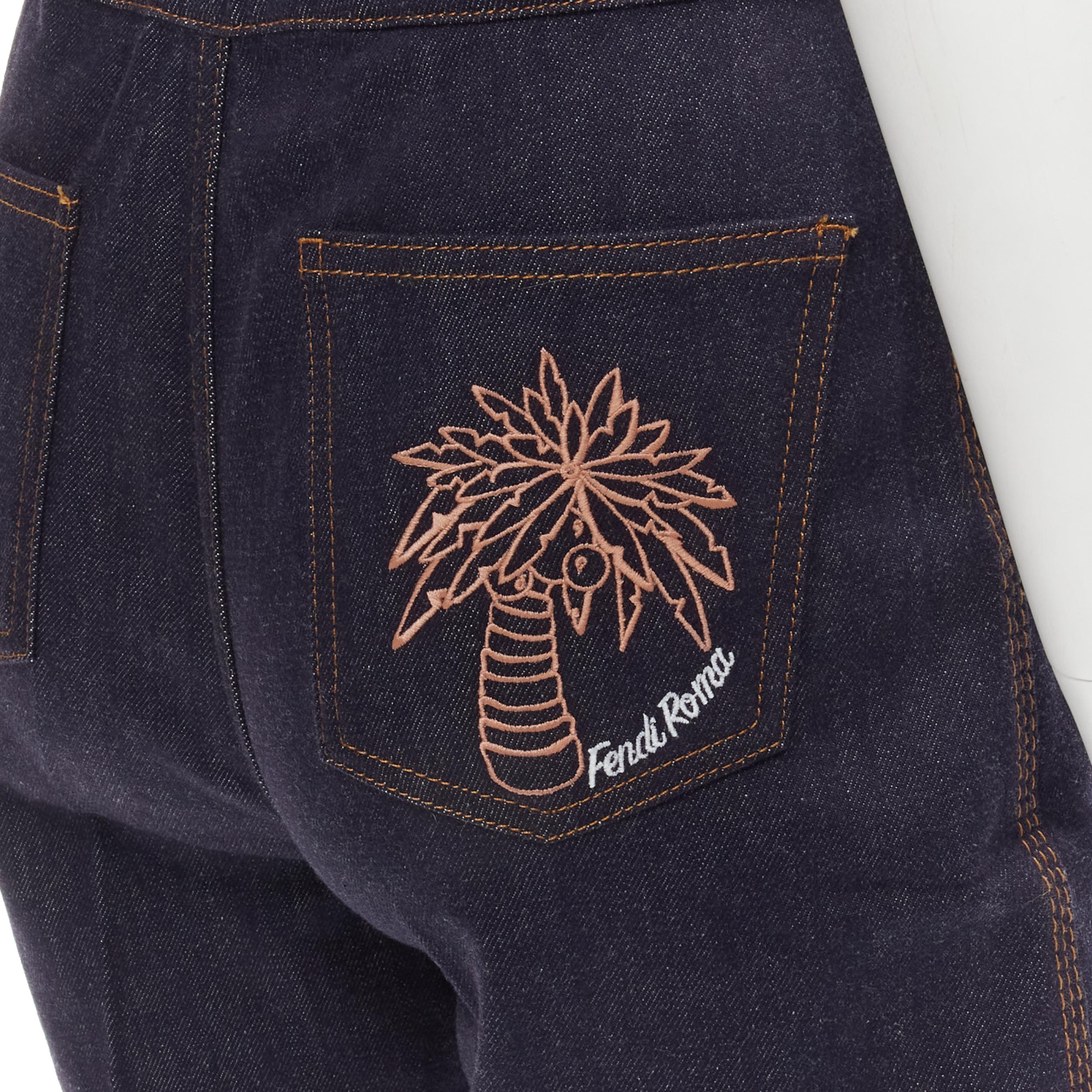 FENDI ROMA Denim-Shorts aus dunkelblauem Denim mit Palmenstickerei S (Schwarz) im Angebot