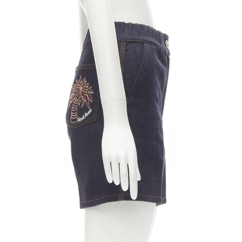 Women's FENDI ROMA palm tree embroidered pocket dark blue denim shorts S For Sale