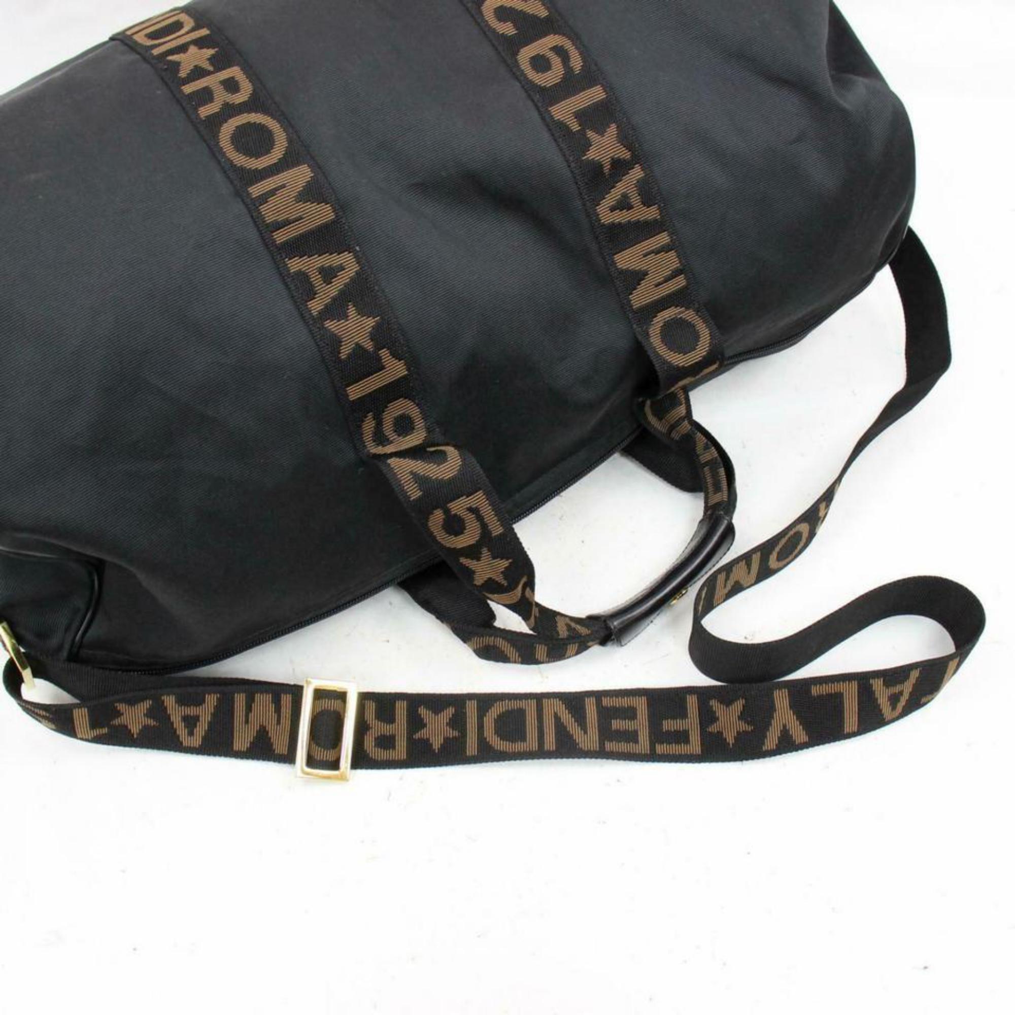 Fendi Roma Star Logo Boston Strap and Pouch 870316 Black Canvas Travel Bag For Sale 4