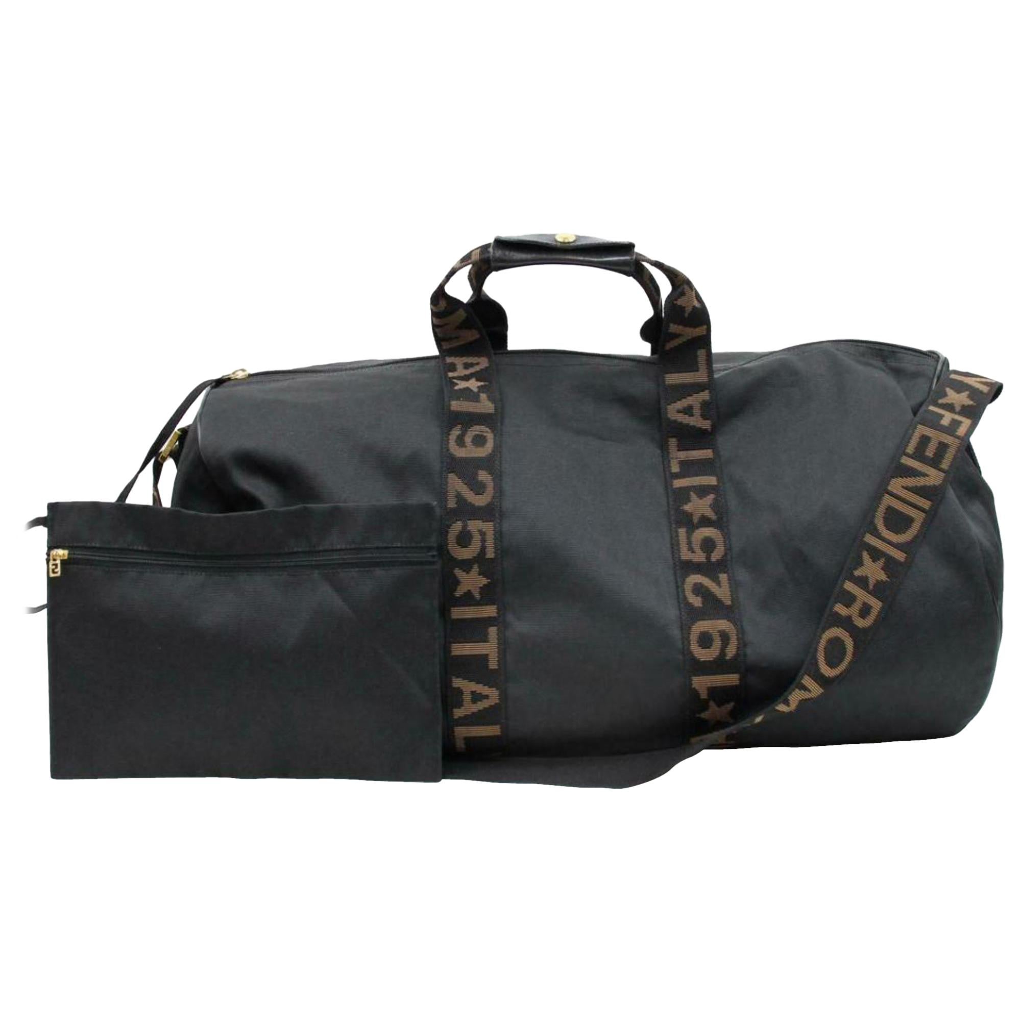 Fendi Roma Star Logo Boston Strap and Pouch 870316 Black Canvas Travel Bag For Sale