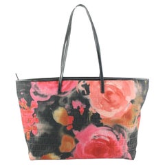 Fendi Rose Floral Black FF Monogram Zucchino Roll Tote 65f628s