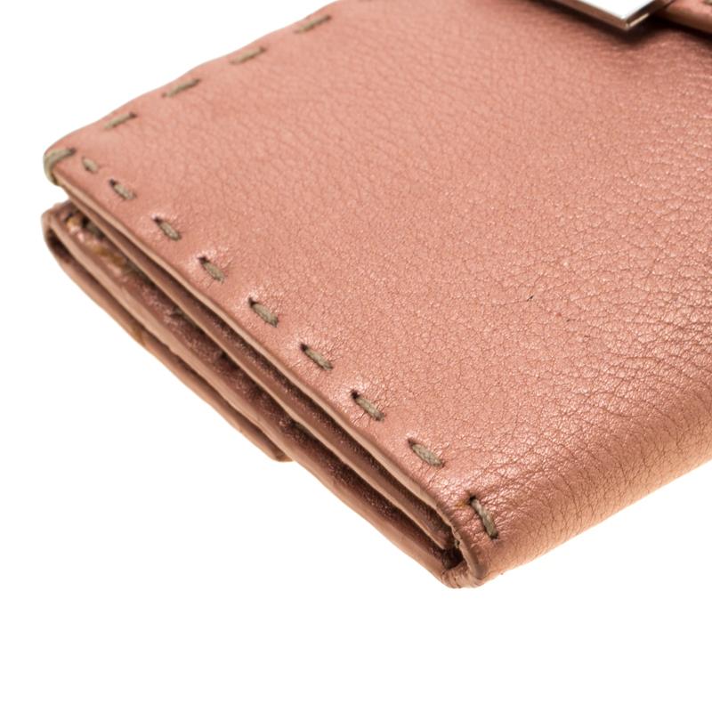 Fendi Rose Gold Metallic Leather Selleria Wallet For Sale 2