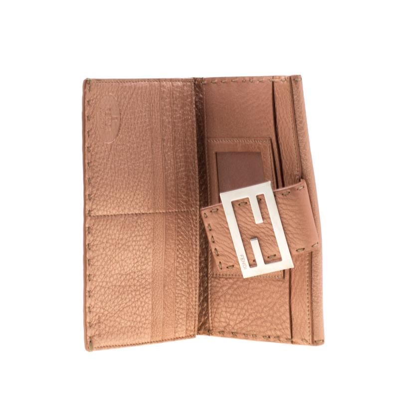 Brown Fendi Rose Gold Metallic Leather Selleria Wallet For Sale