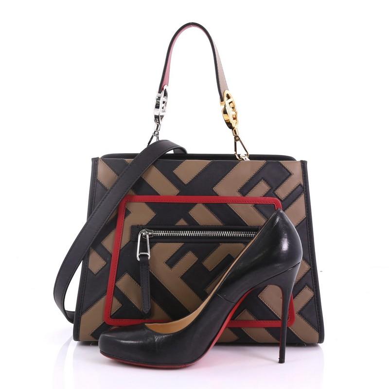 This Fendi Runaway Handbag Inlaid Zucca Leather Small, crafted from brown and black inlaid zucca leather, features a flat leather handle, exterior zip pocket, and silver and gold-tone hardware. Its magnetic snap button closure opens to a taupe
