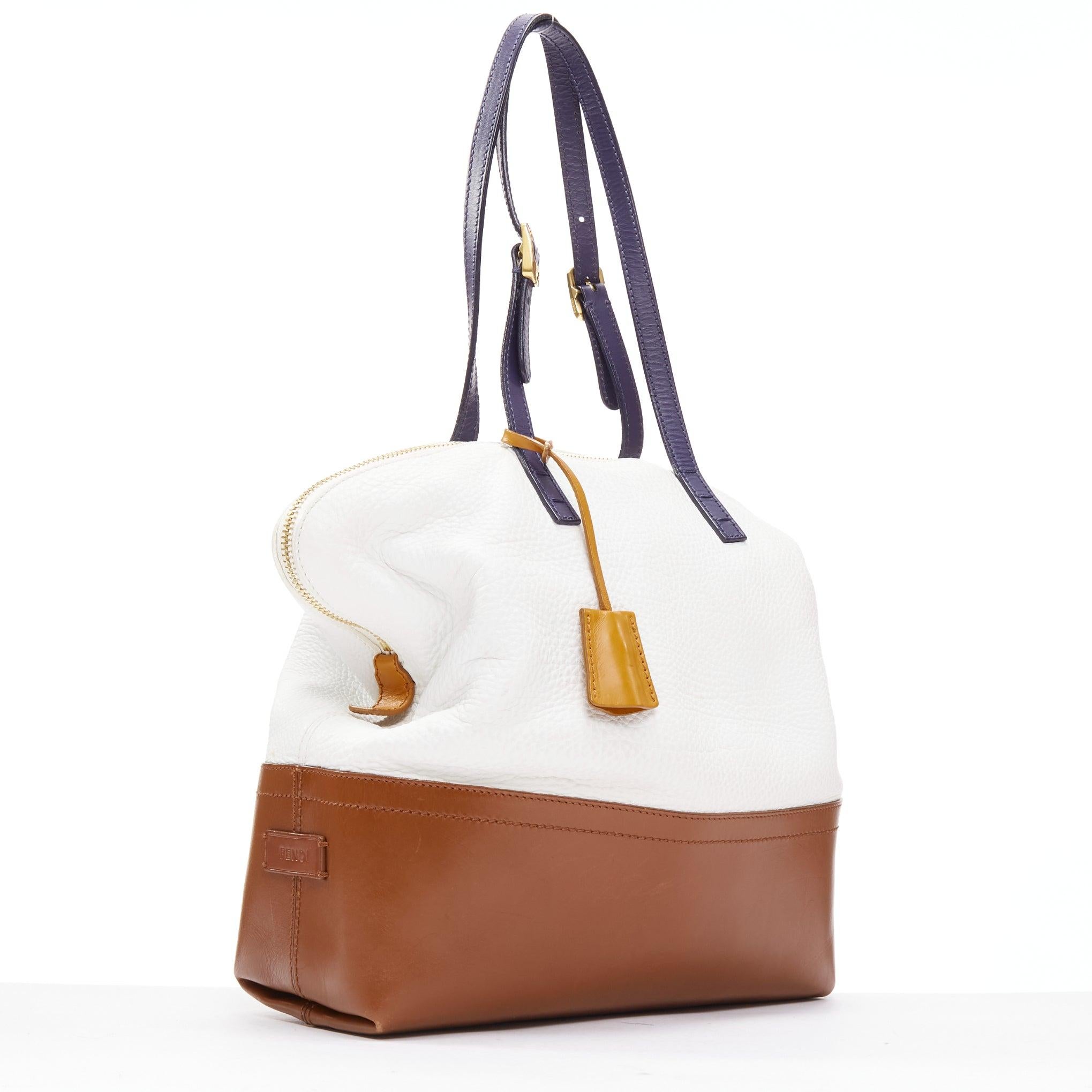 Gray FENDI Runway 2Bag white brown textured leather navy trim gold FF logo bag