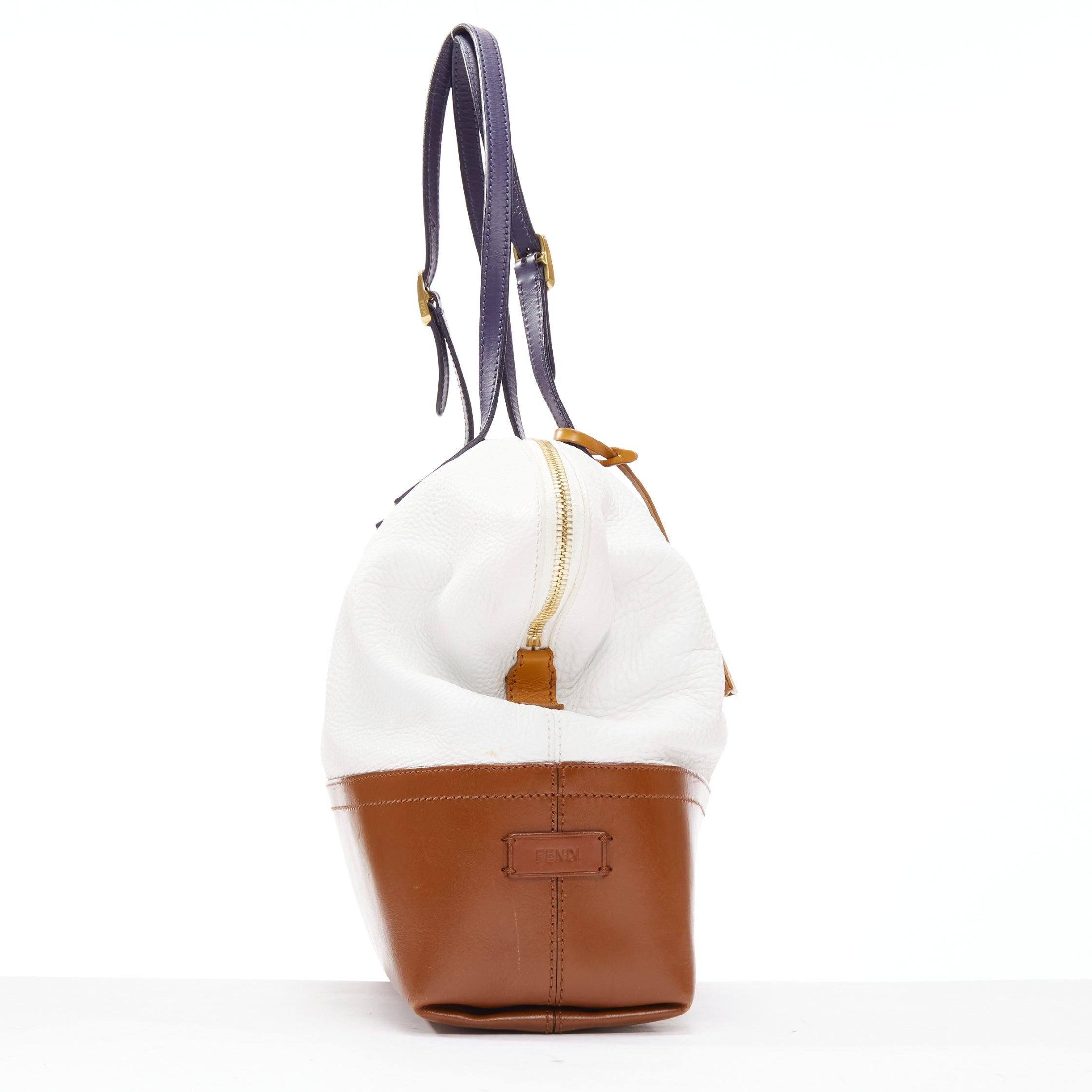 FENDI Runway 2Bag white brown textured leather navy trim gold FF logo bag In Fair Condition In Hong Kong, NT