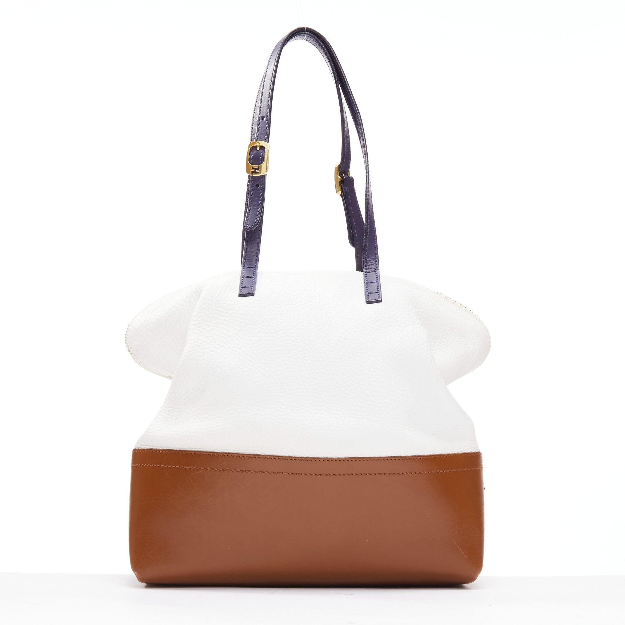 Women's FENDI Runway 2Bag white brown textured leather navy trim gold FF logo bag