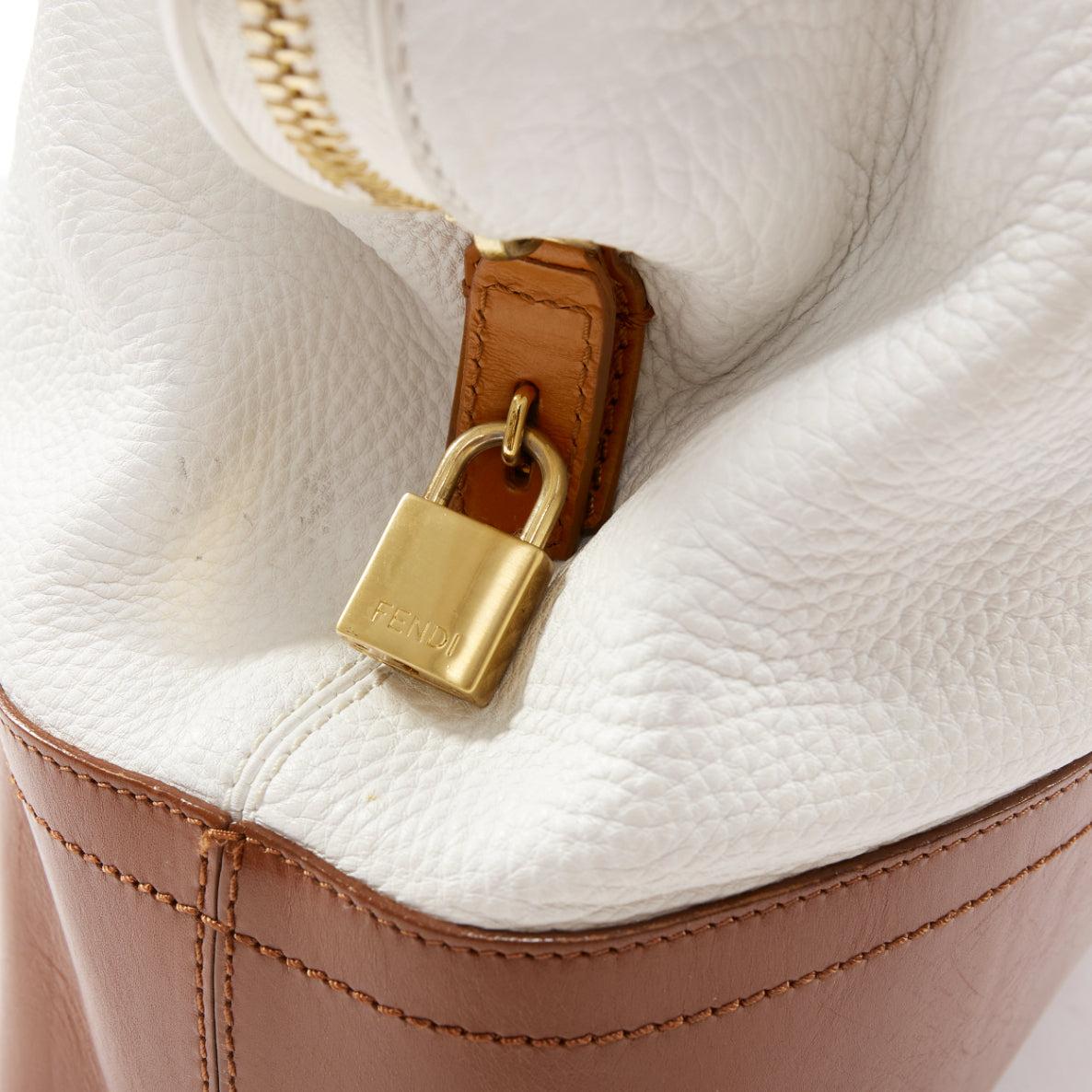 FENDI Runway 2Bag white brown textured leather navy trim gold FF logo bag 2