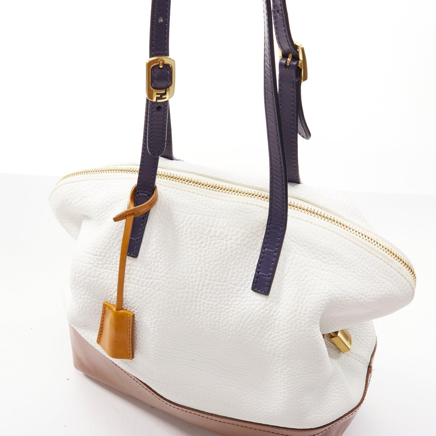 FENDI Runway 2Bag white brown textured leather navy trim gold FF logo bag 3
