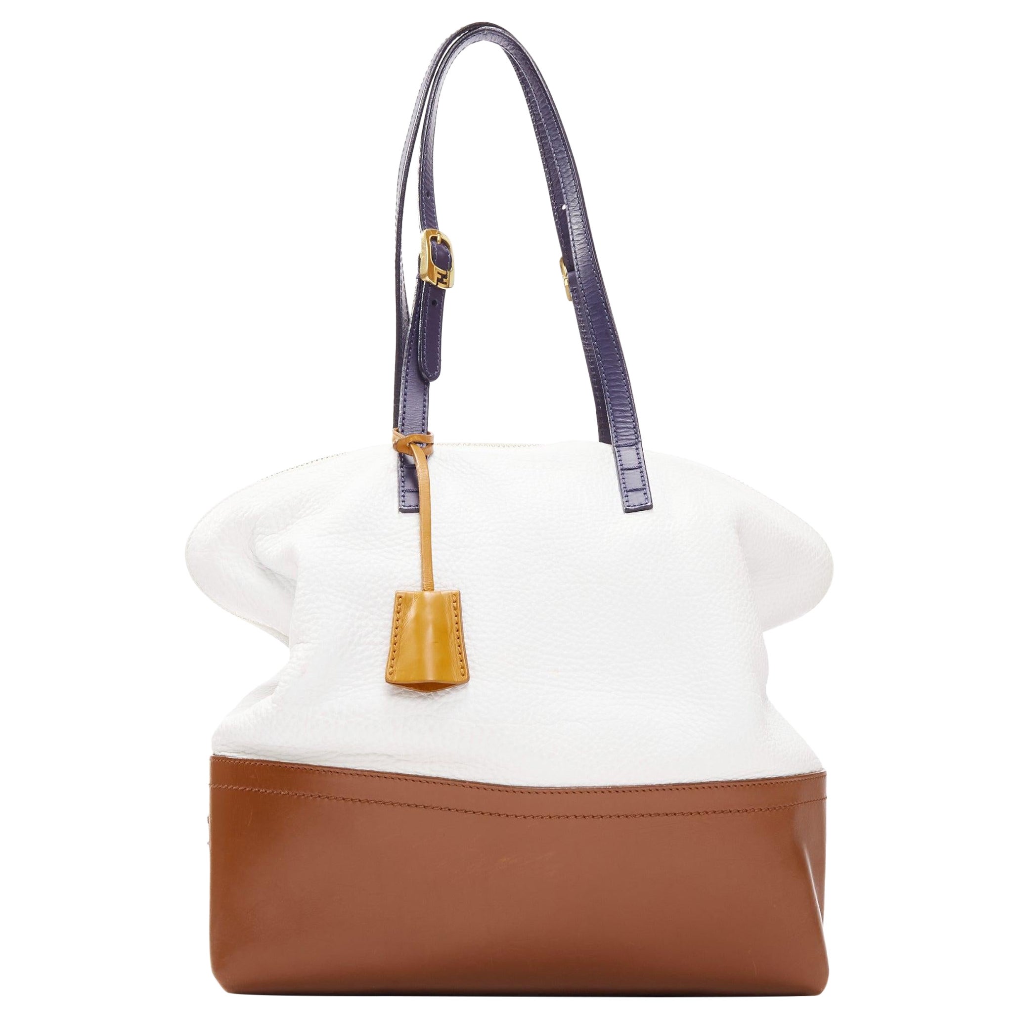 FENDI Runway 2Bag white brown textured leather navy trim gold FF logo bag