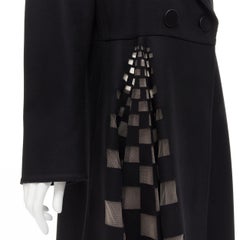FENDI Runway black fleece wool checkered cut out mesh flared coat dress IT48 XL