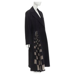 FENDI Runway black fleece wool checkered cut out mesh flared coat dress IT48 XL