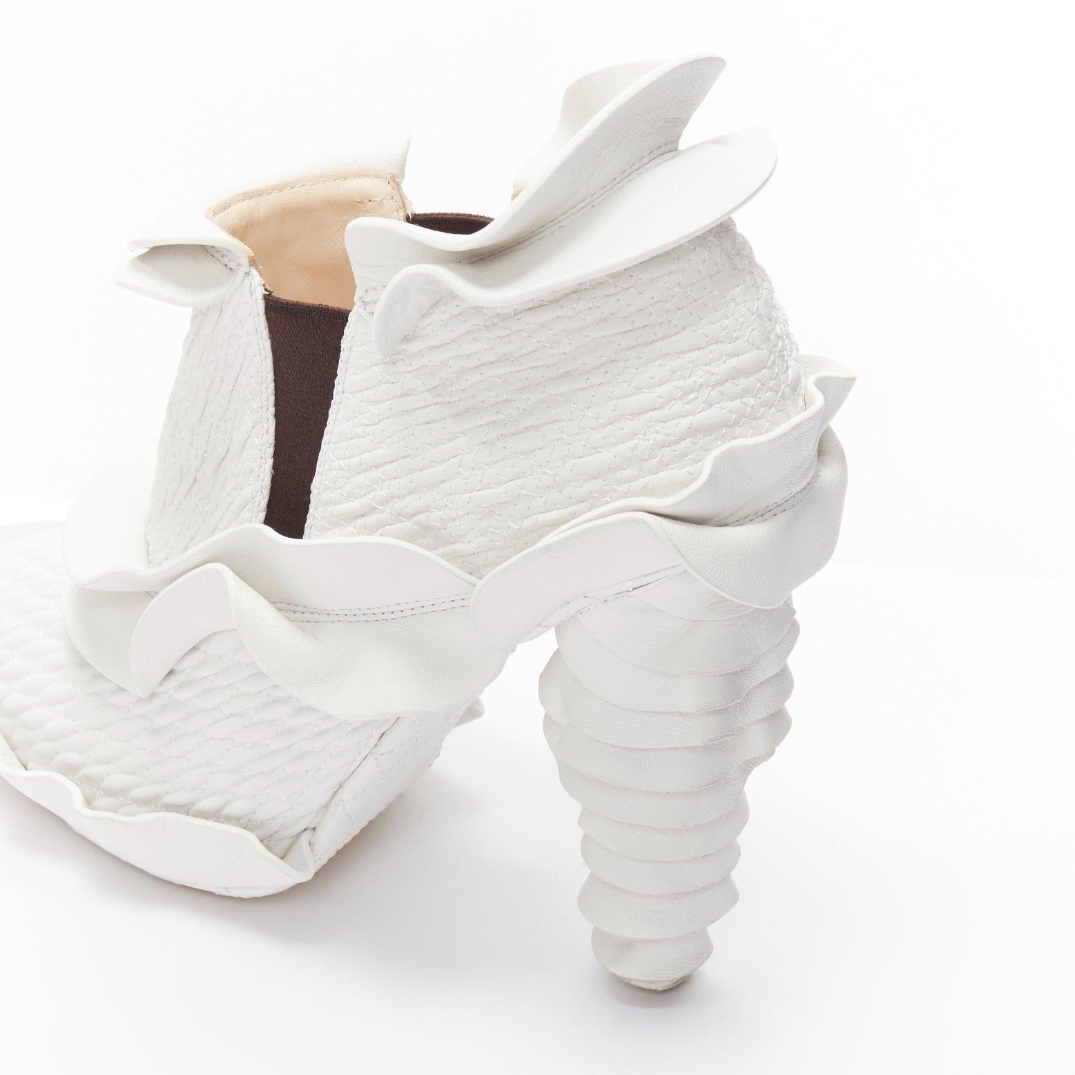 FENDI Runway white textured leather ruffle tiered cone heels booties EU38 4