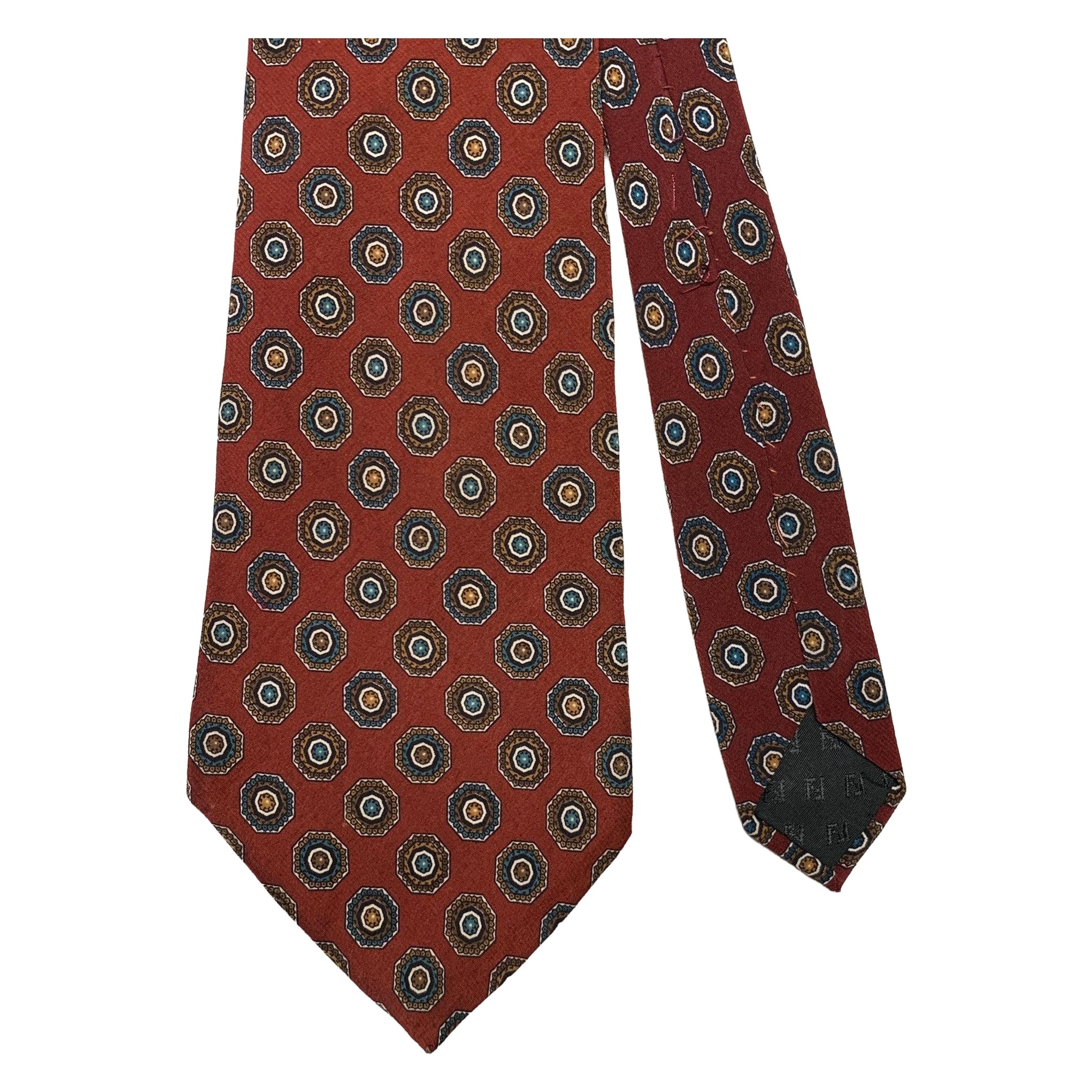 FENDI Rust Teal Polka Dot Silk Tie For Sale