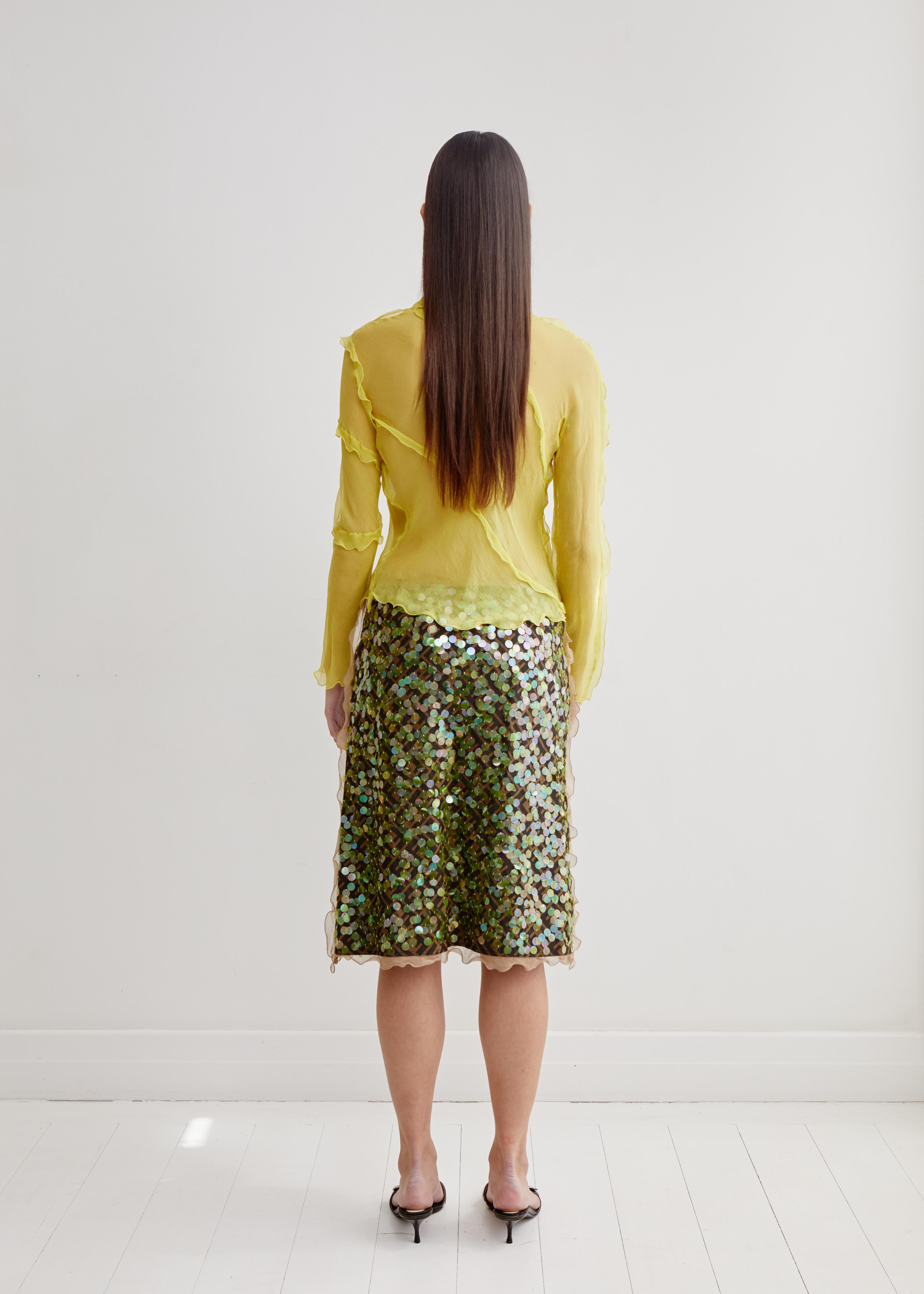 Brown Fendi S/S 2000 Runway Zucca Print Pailette & Silk Chiffon Lettuce Hem Skirt