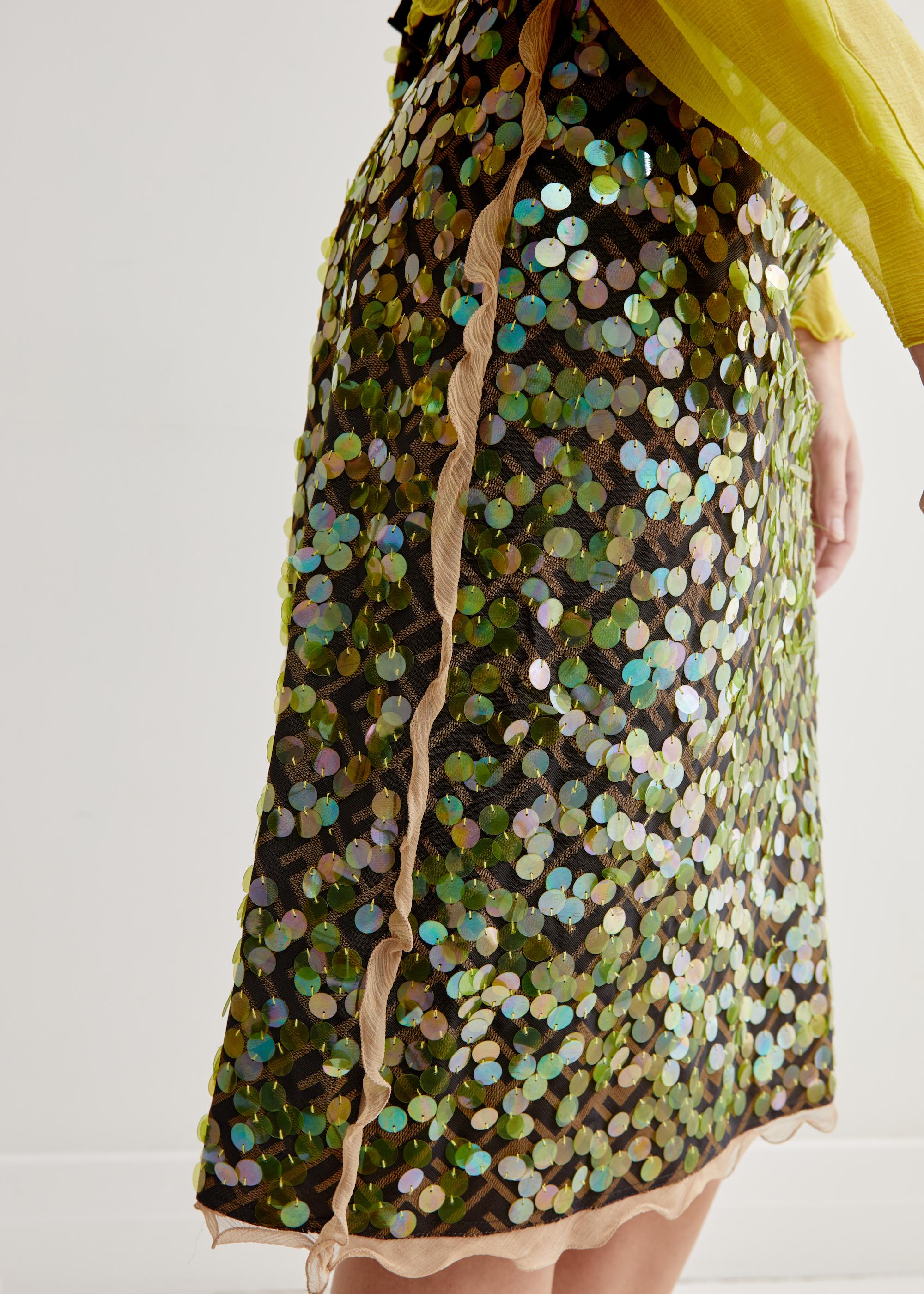 Fendi S/S 2000 Runway Zucca Print Pailette & Silk Chiffon Lettuce Hem Skirt In Excellent Condition In BELLEVUE HILL, NSW