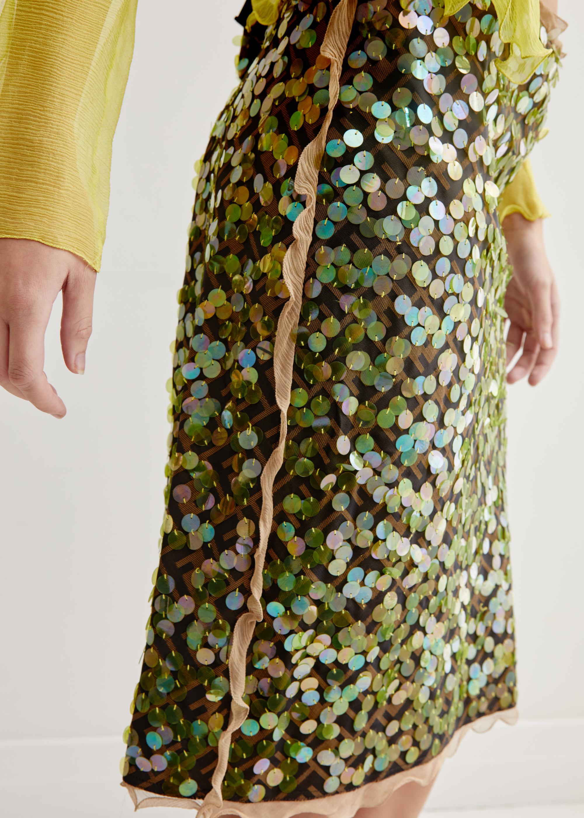 Women's Fendi S/S 2000 Runway Zucca Print Pailette & Silk Chiffon Lettuce Hem Skirt
