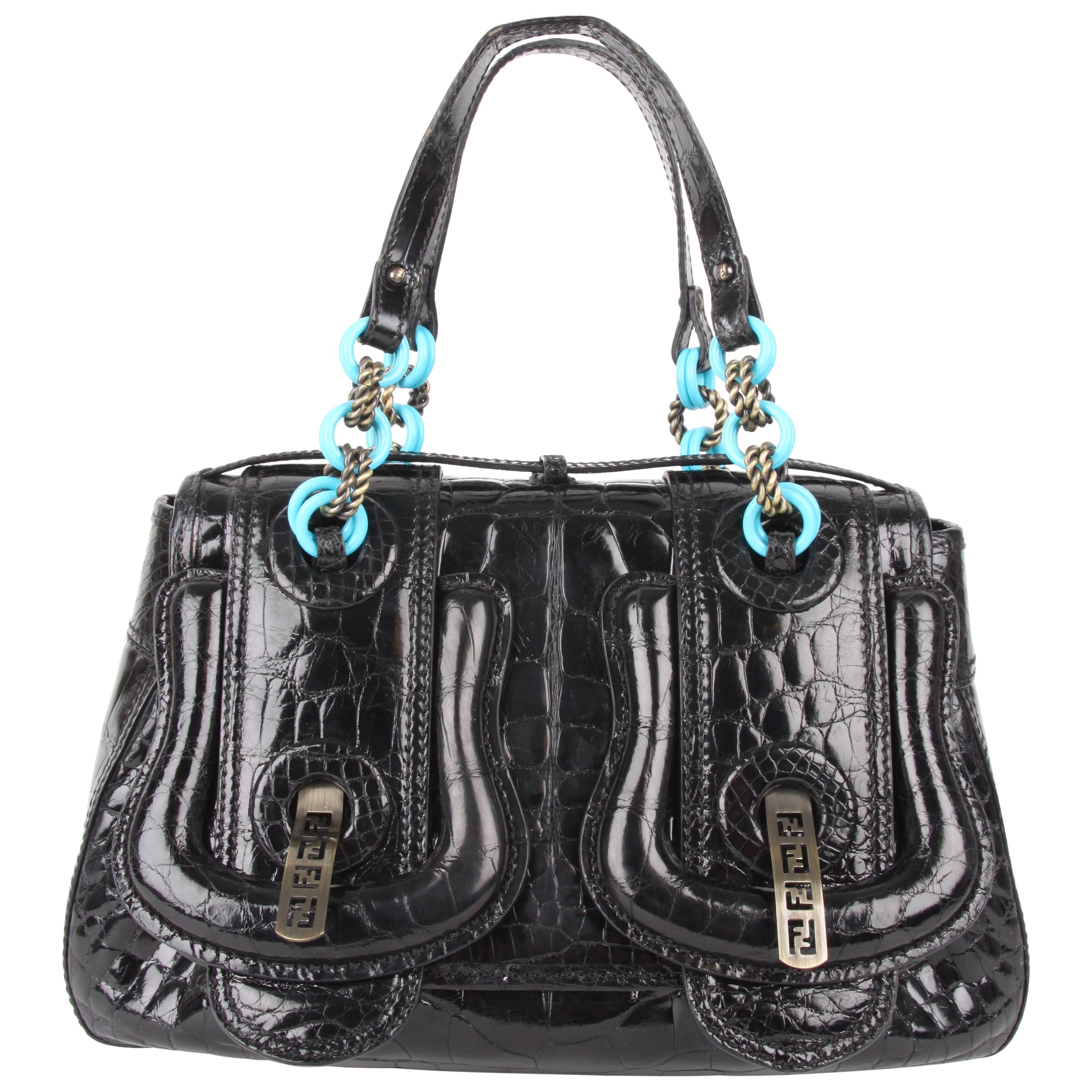   Fendi S/S 2006 Black  Leather B-Bag With Turquoise Chain Straps  For Sale