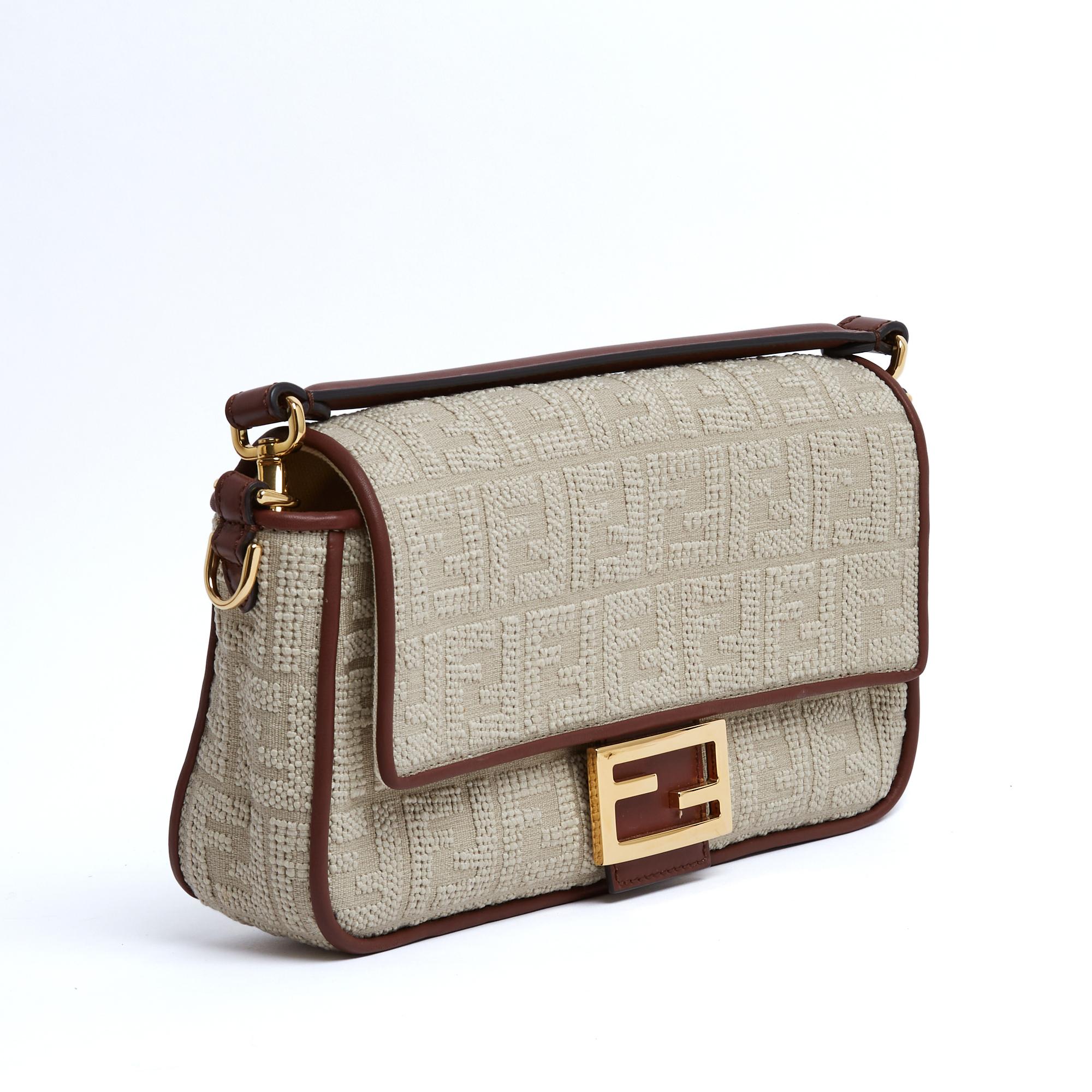 Beige Fendi Sac Baguette Medium Canvas and Leather Shoulder Bag with 2 straps New For Sale