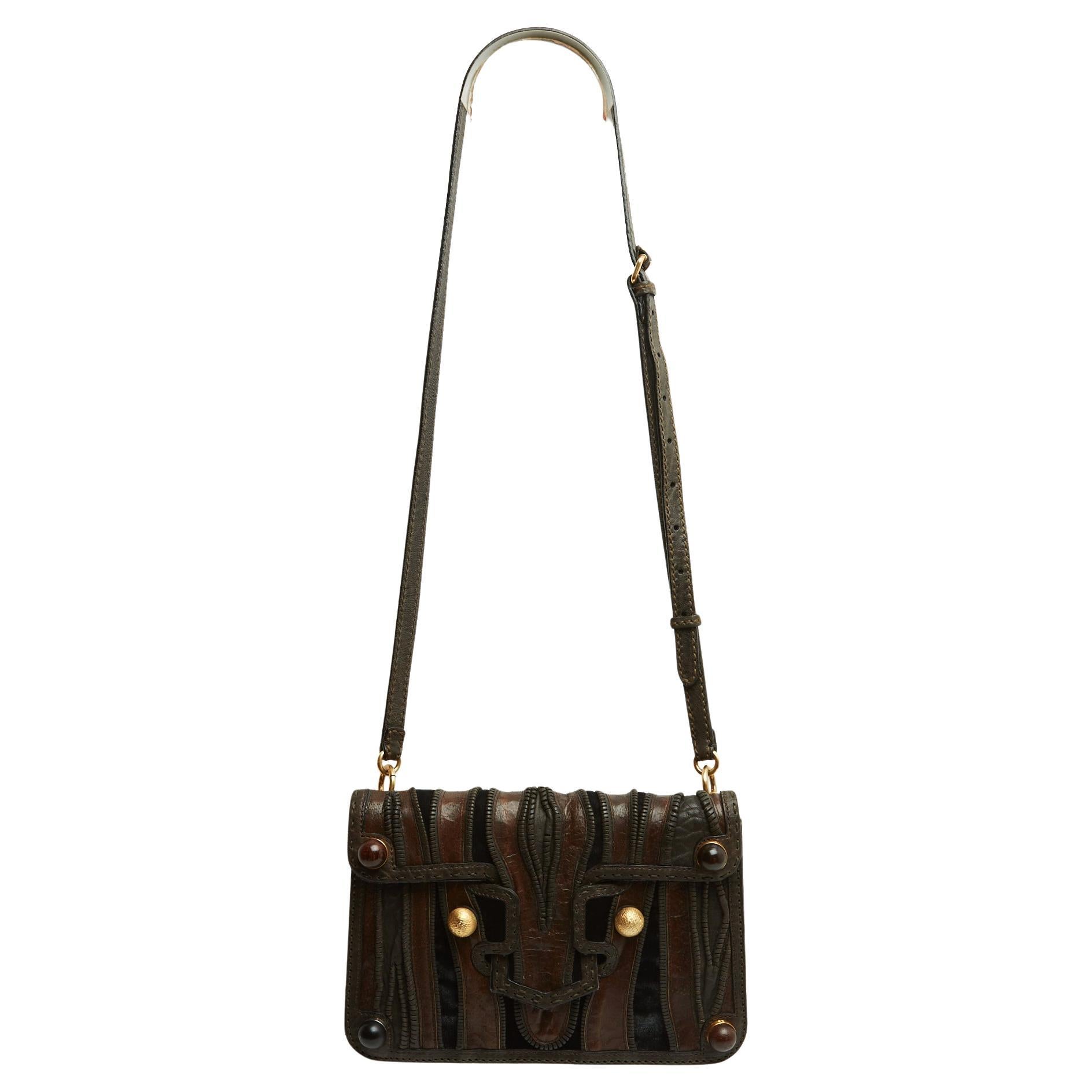 Fendi Sac Pochette Black Brown Shaman Inspired Leather Velvet Clutch Shoulder Ba For Sale