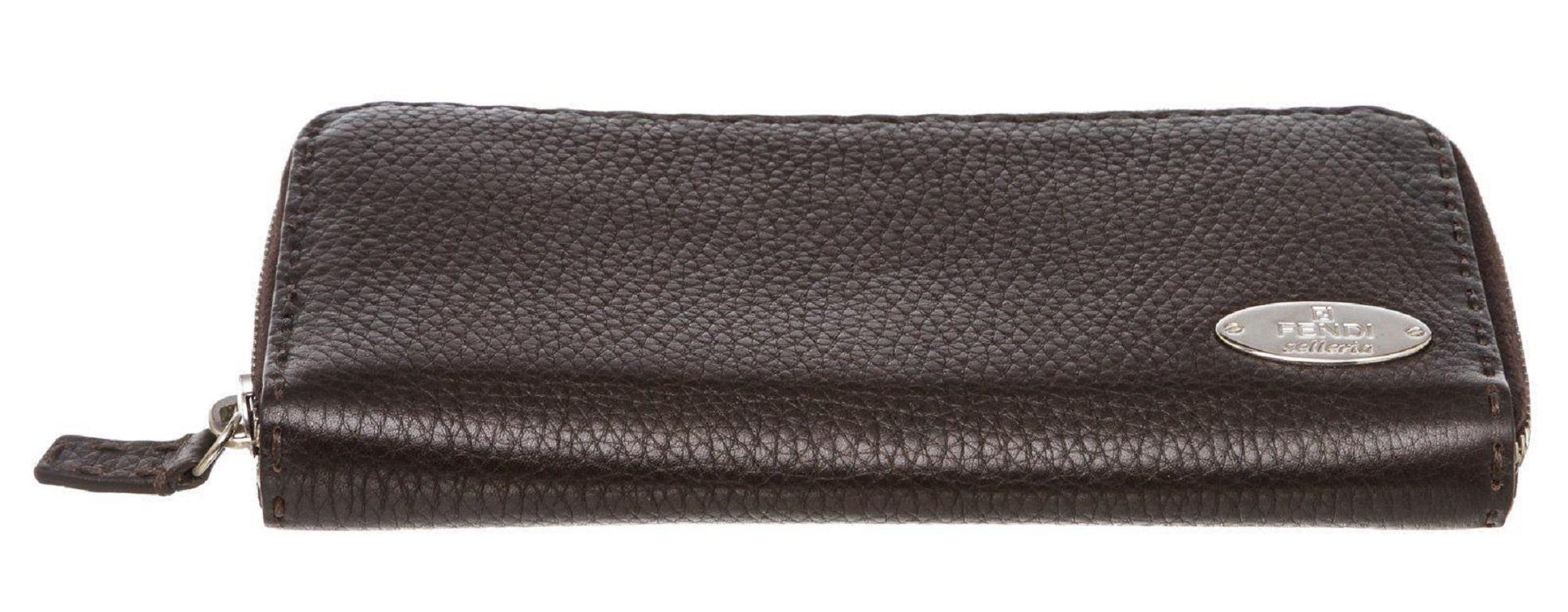 Fendi Salleria dark brown leather zip around wallet with silver-tone hardware In Good Condition For Sale In Irvine, CA