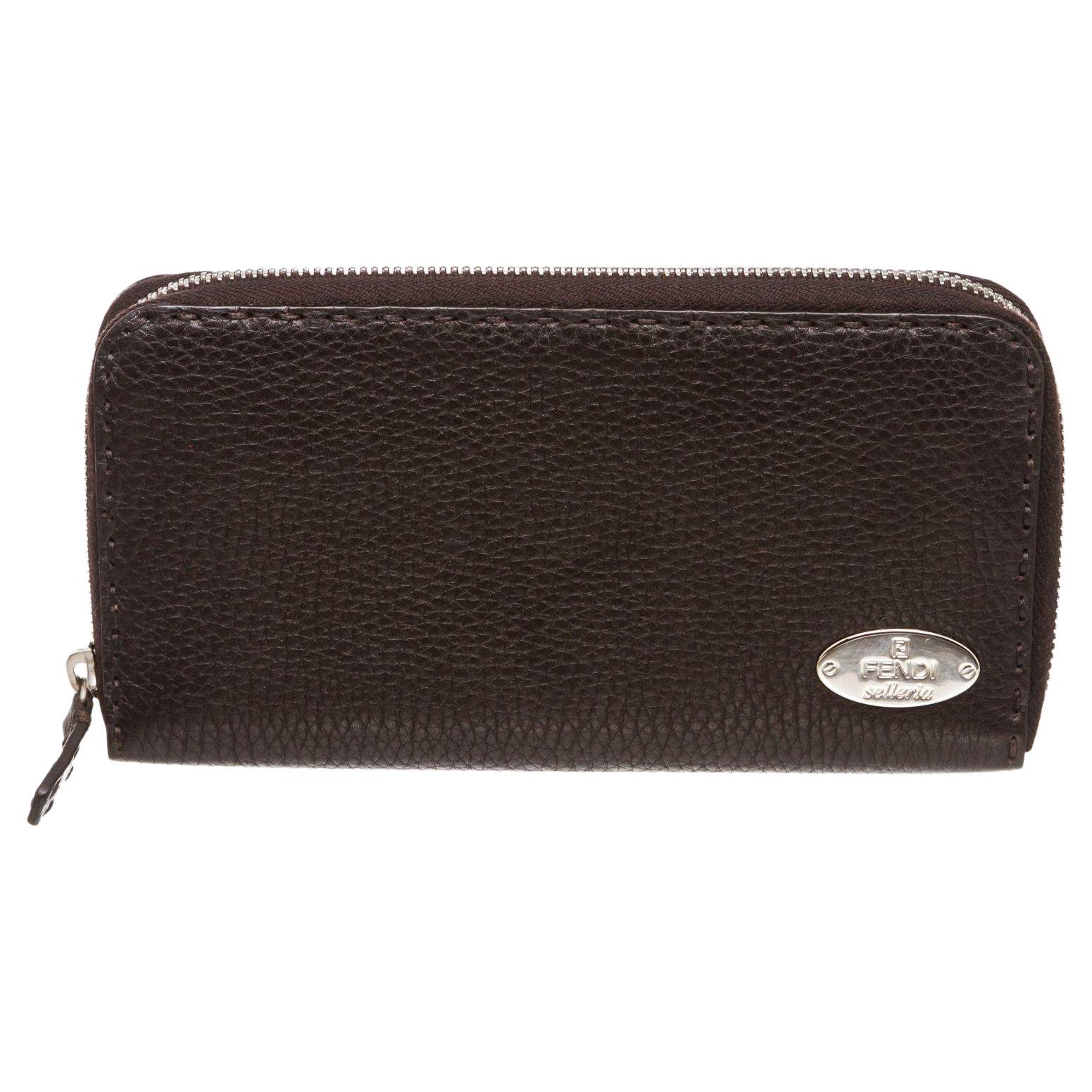 Fendi Salleria dark brown leather zip around wallet with silver-tone hardware For Sale