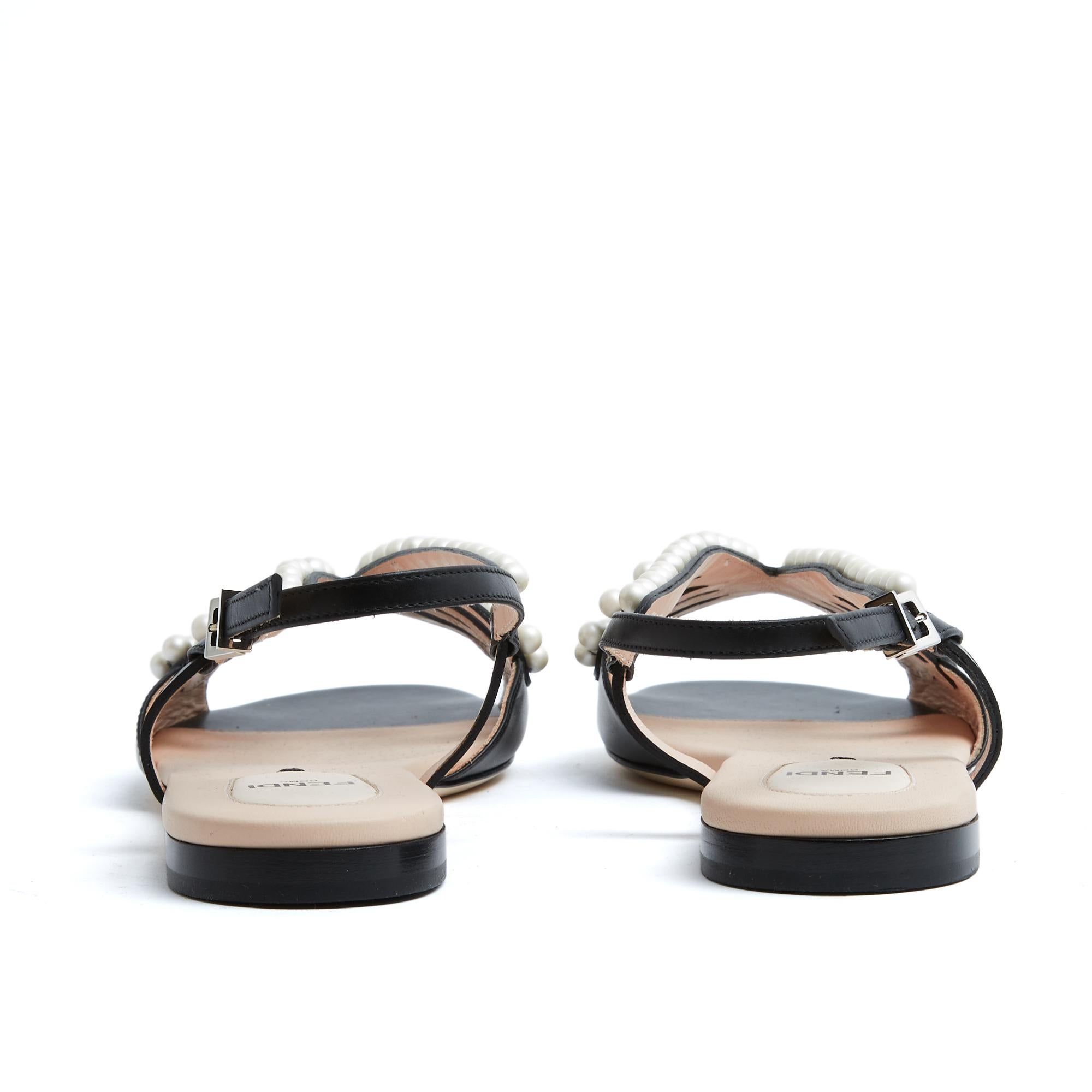 Donna Fendi Sandales Perles FR38 Nero Pelle Fantasia Perle sandali piatti UK5 US7.5 New in vendita