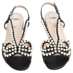 Fendi Sandales Perles FR38 Black Leather Fancy Pearls flat sandals UK5 US7.5 New