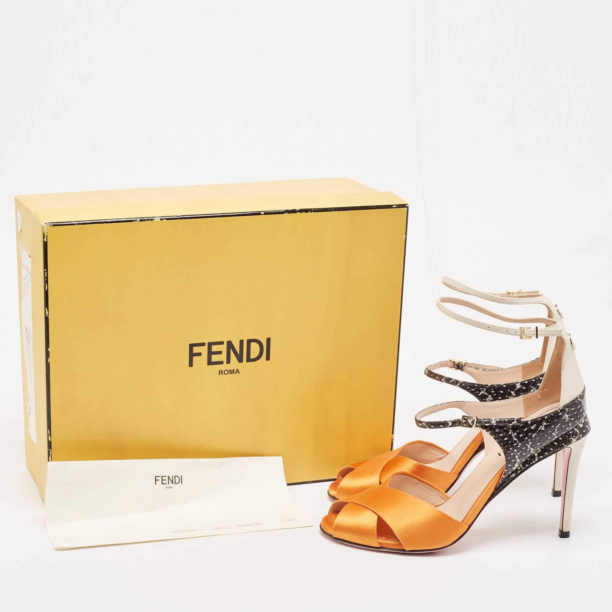 Fendi Satin And Python Embossed Leather Criss Cross Ankle Strap Sandals Size 37 4