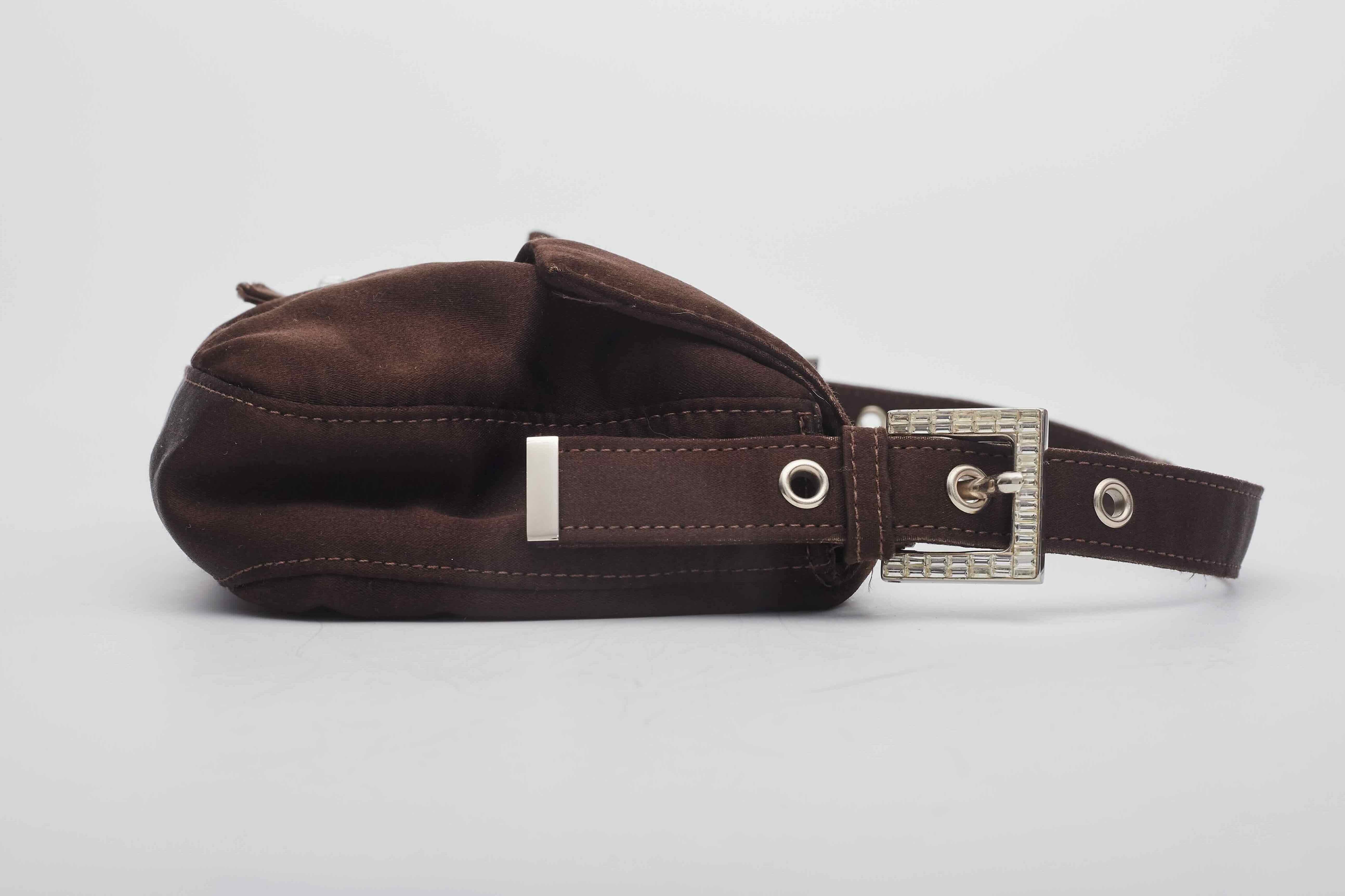 Fendi Satin Crystal Logo Buckle Baguette Bag In Good Condition In Montreal, Quebec