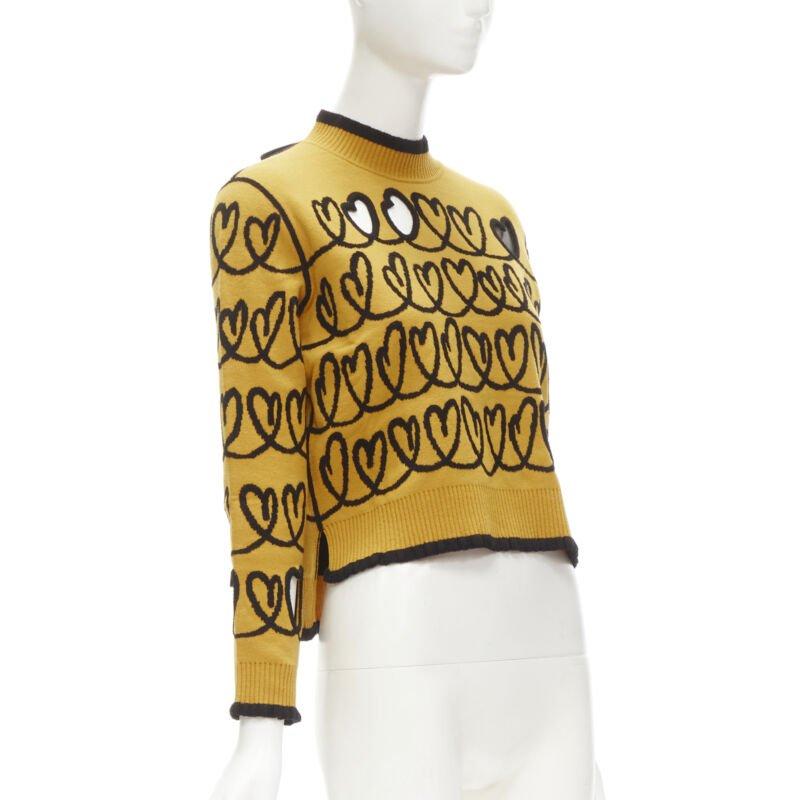 FENDI Scribble Heart cut out yellow black knit cropped pullover sweater S In Excellent Condition In Hong Kong, NT