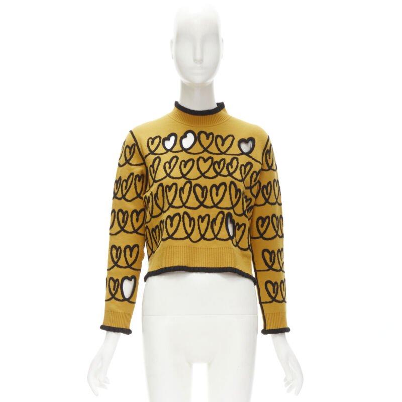 FENDI Scribble Heart cut out yellow black knit cropped pullover sweater S 5